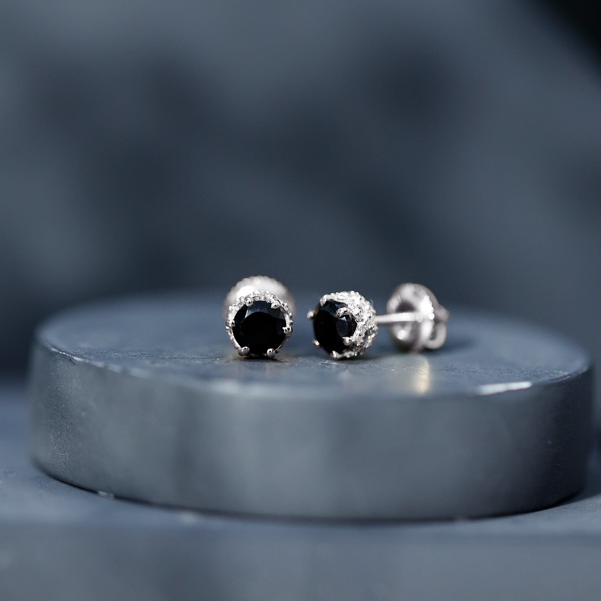 0.9 Carat Black Spinel Stud Earrings with Diamond Accent