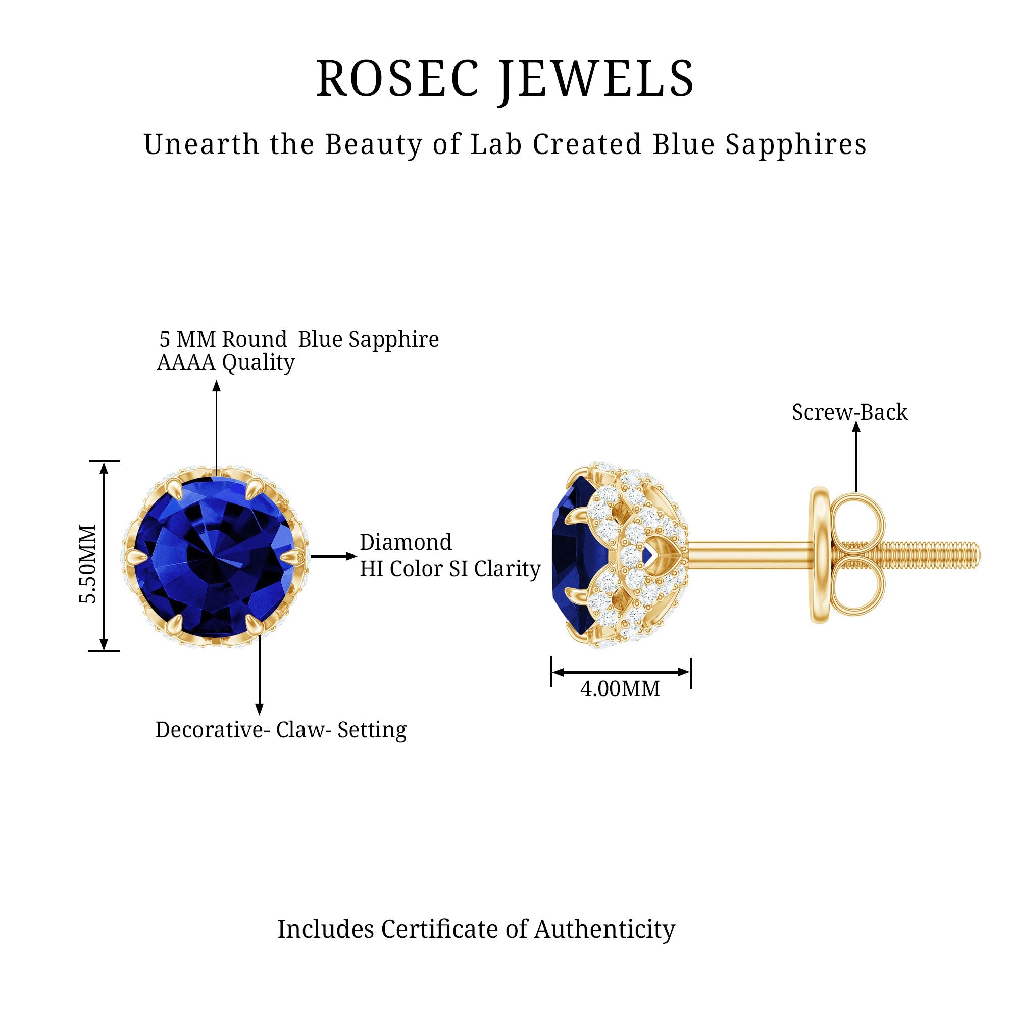 Solitaire Lab Created Blue Sapphire Stud Earrings with Diamonds