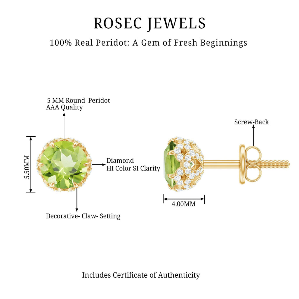 Designer 1 Carat Peridot Stud Earrings with Diamond