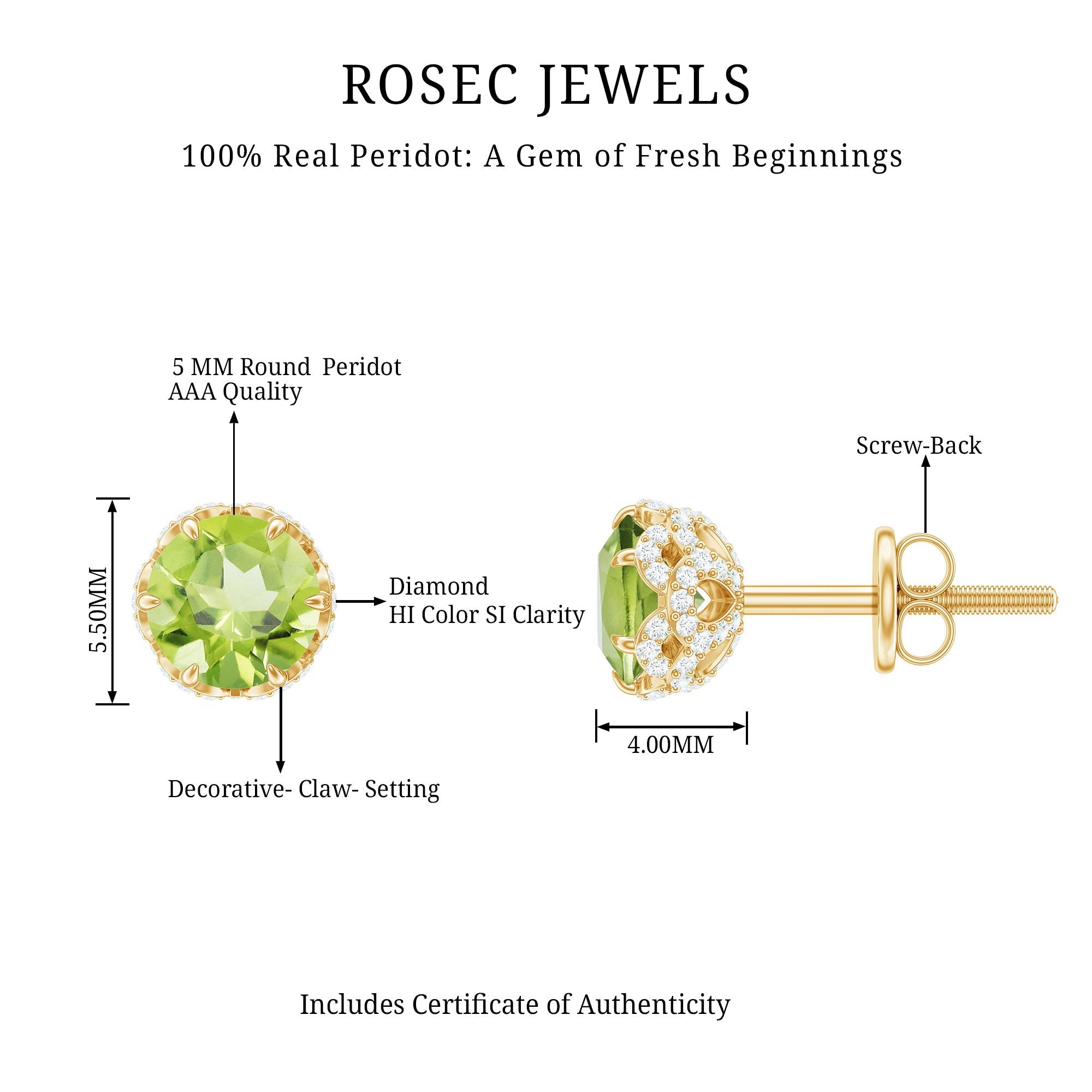 Designer 1 Carat Peridot Stud Earrings with Diamond