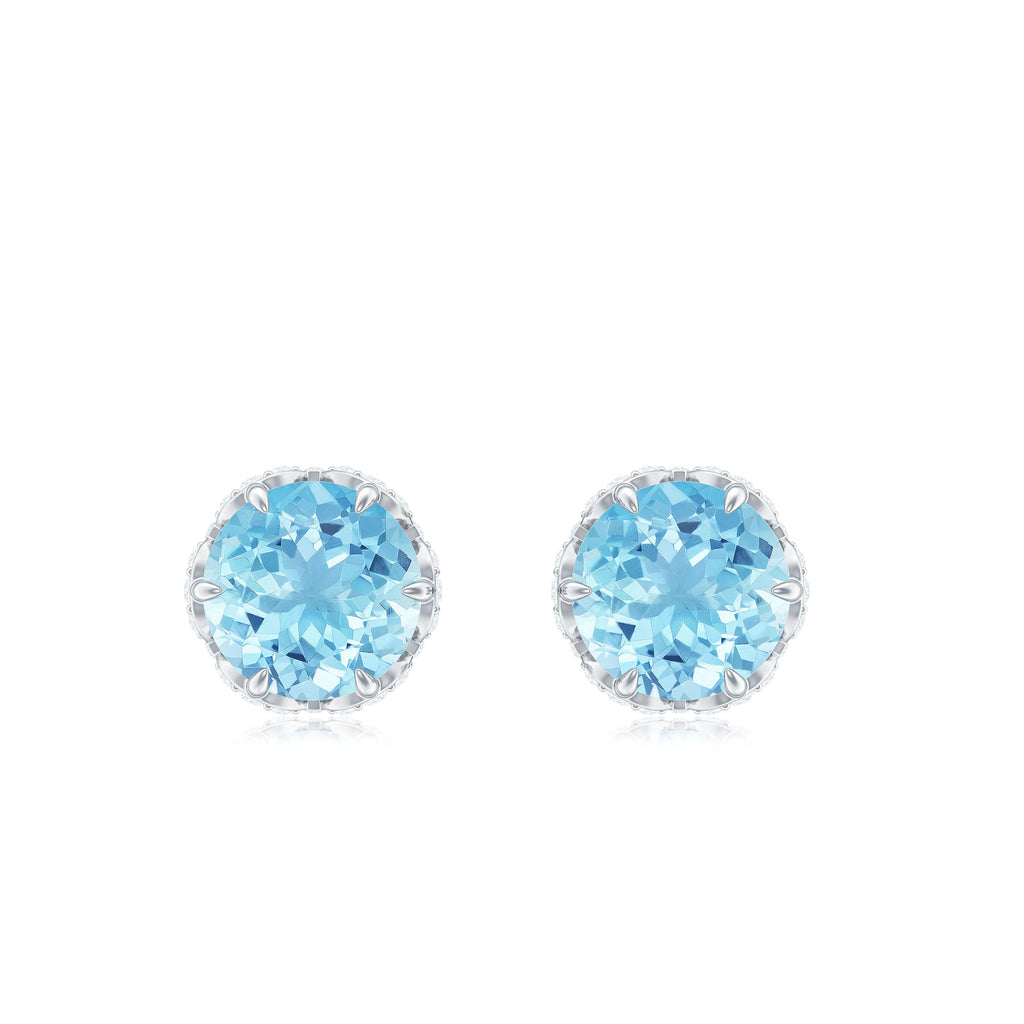 Natural Aquamarine Diamond Floral Stud Earrings with Screw Back