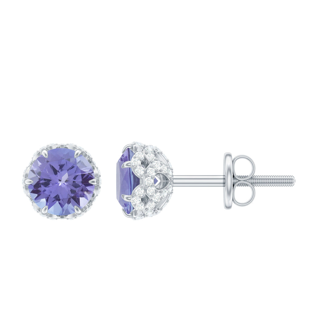 1 Carat Tanzanite Designer Stud Earrings with Diamond for Women