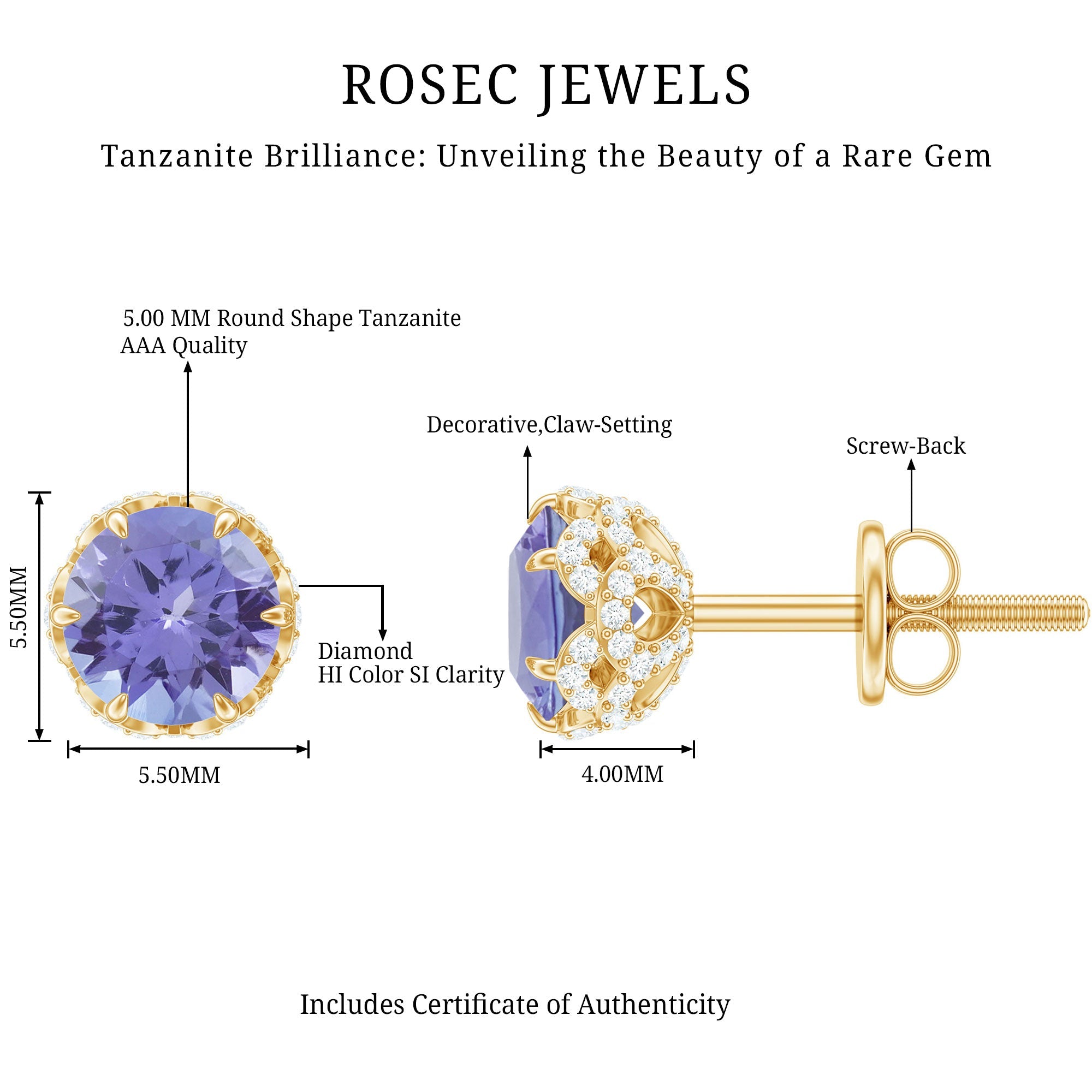 1 Carat Tanzanite Designer Stud Earrings with Diamond for Women