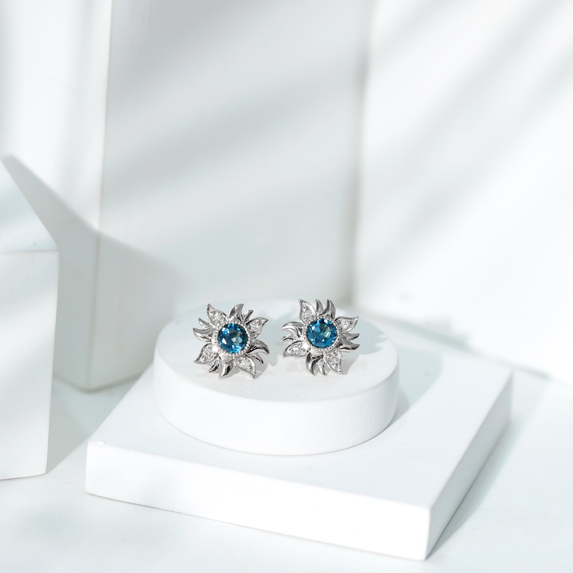 London Blue Topaz and Diamond Flower Stud Earrings