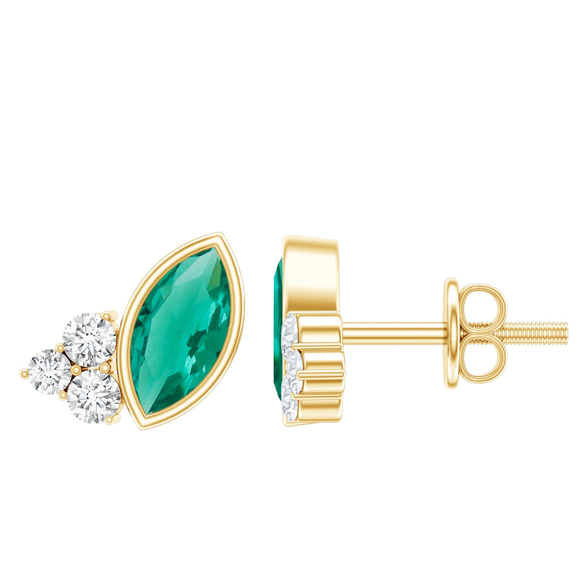 Marquise Shape 0.6 Carat Lab Grown Emerald Stud Earrings with Diamond Trio