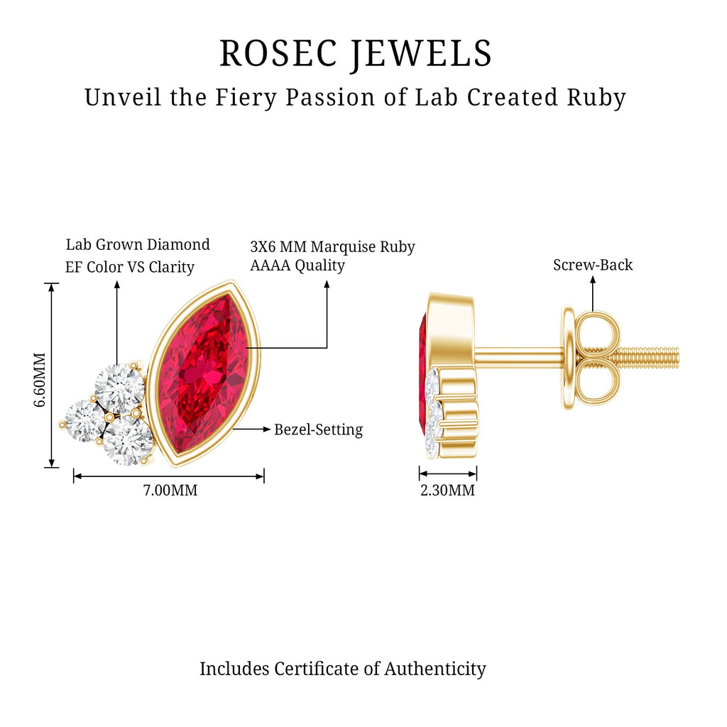 Marquise Cut Lab Grown Ruby and Diamond Stud Earrings in Silver