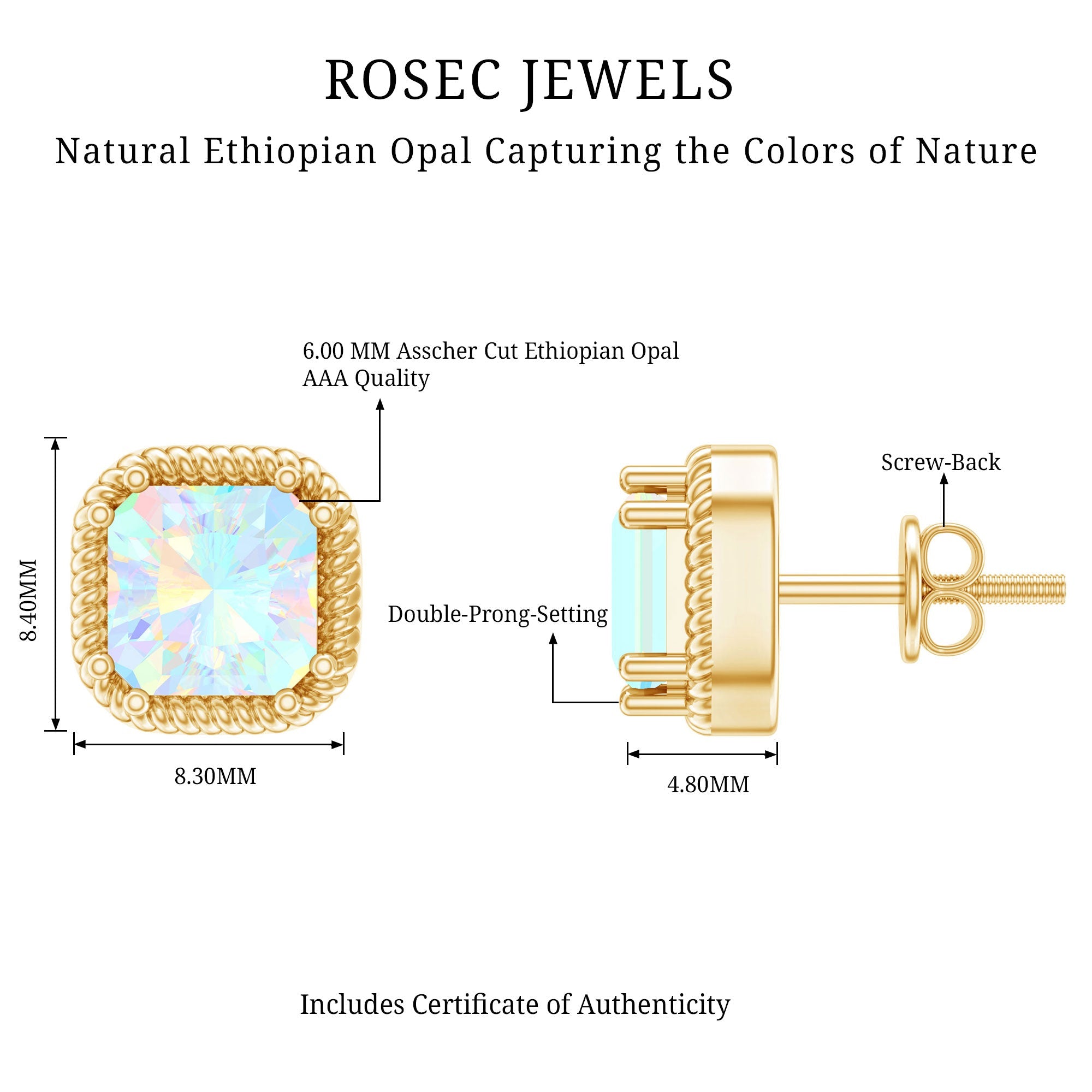 6 Carat Asscher Cut Ethiopian Opal Stud Earrings in Gold Plated Silver