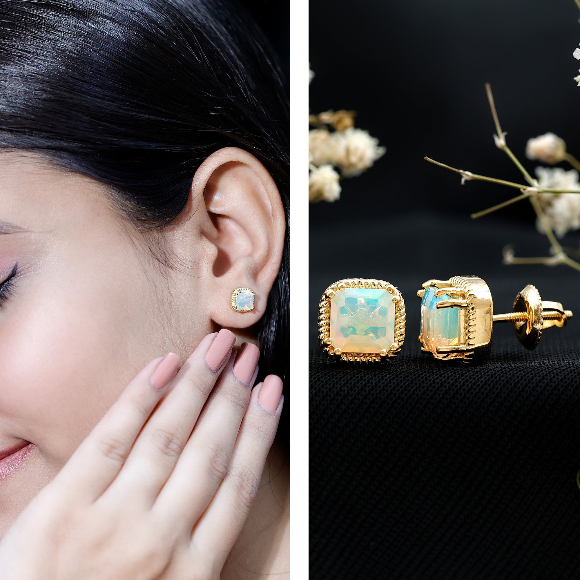6 Carat Asscher Cut Ethiopian Opal Stud Earrings in Gold Plated Silver