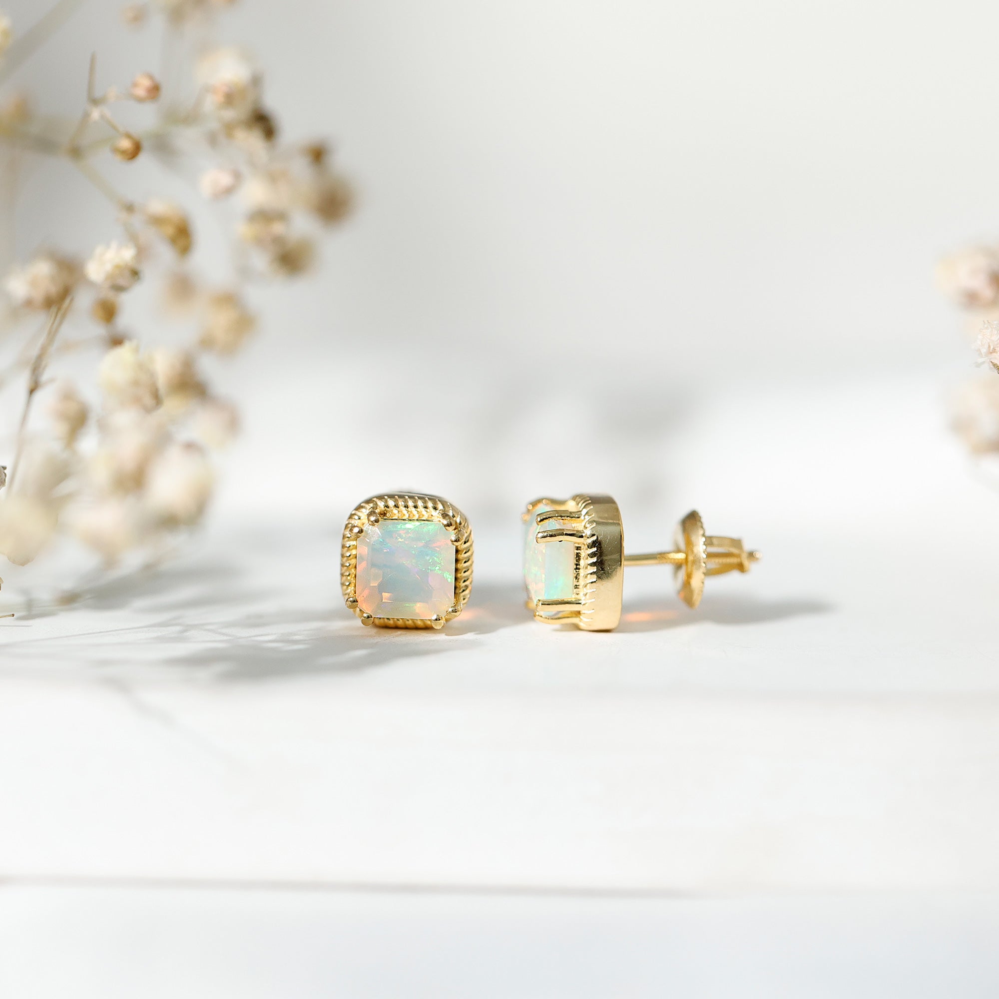 6 Carat Asscher Cut Ethiopian Opal Stud Earrings in Gold Plated Silver