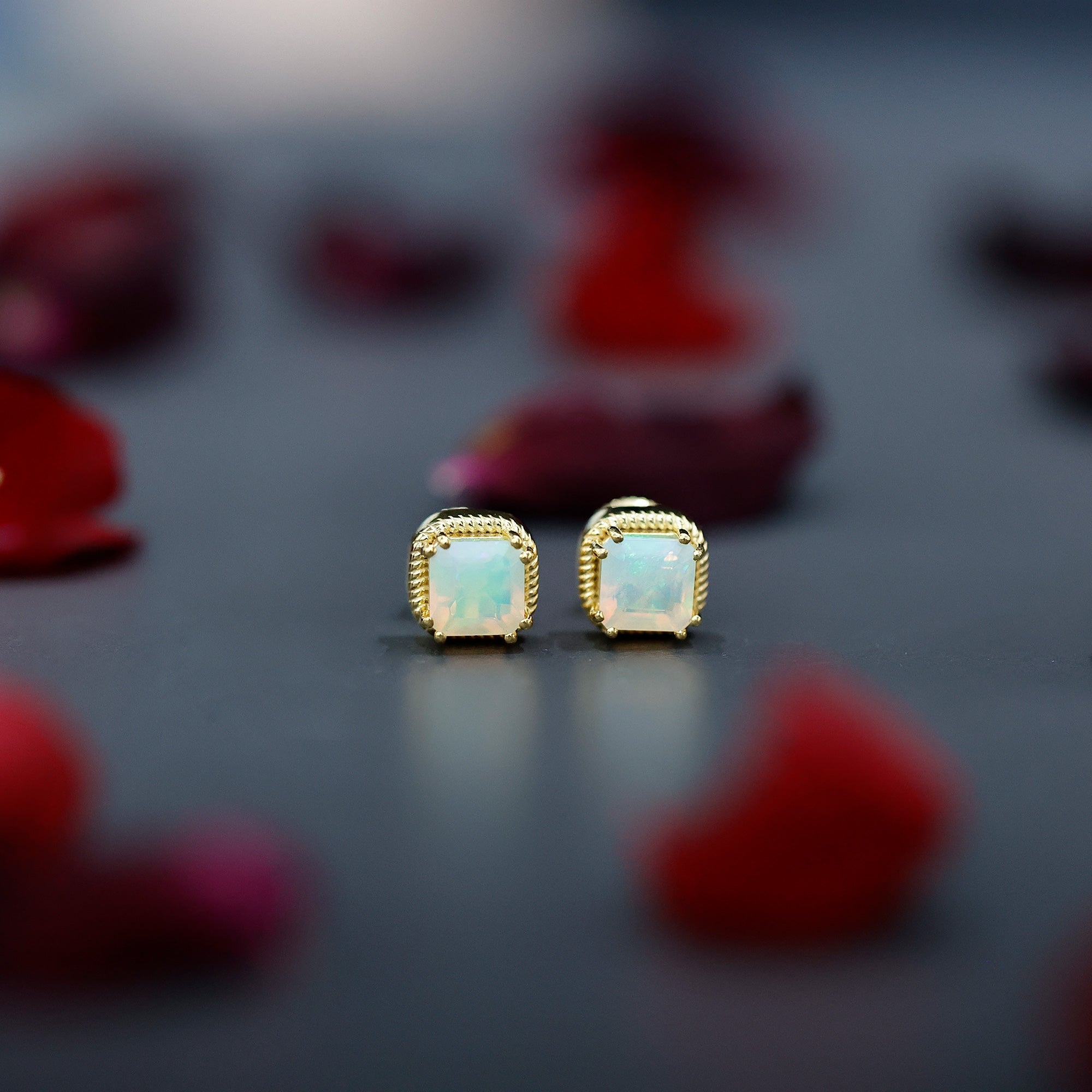 6 Carat Asscher Cut Ethiopian Opal Stud Earrings in Gold Plated Silver