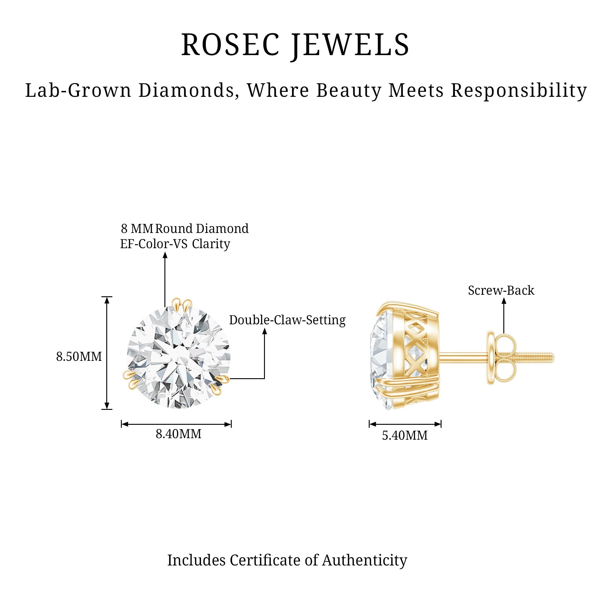 Certified 8mm Round Diamond Studs with Screw Back