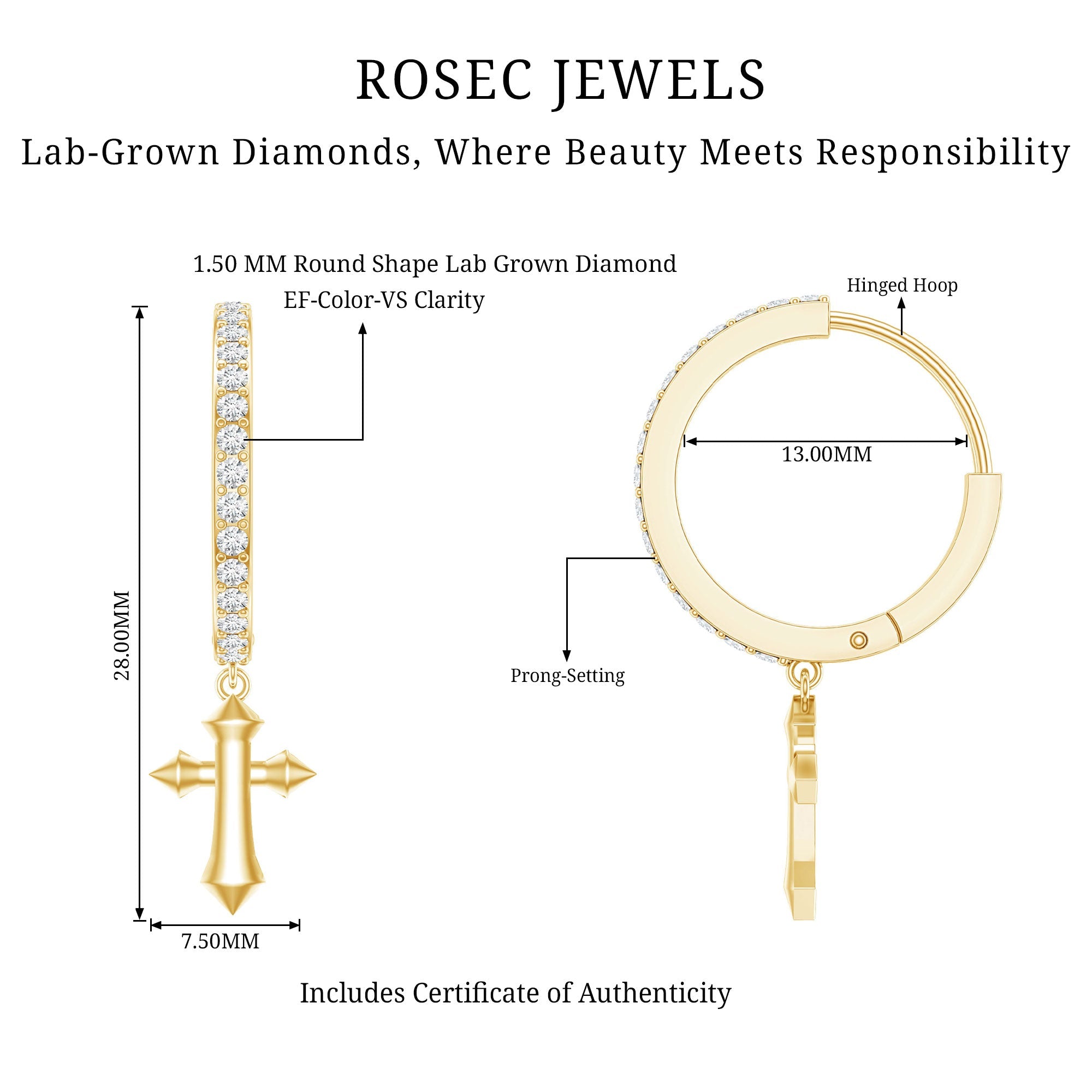 Lab Grown Diamond Holy Cross Hoop Drop Earrings For Women