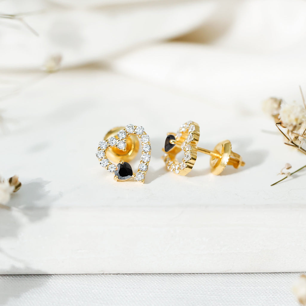 Lab Created Black and White Diamond Heart Stud Earrings in Silver