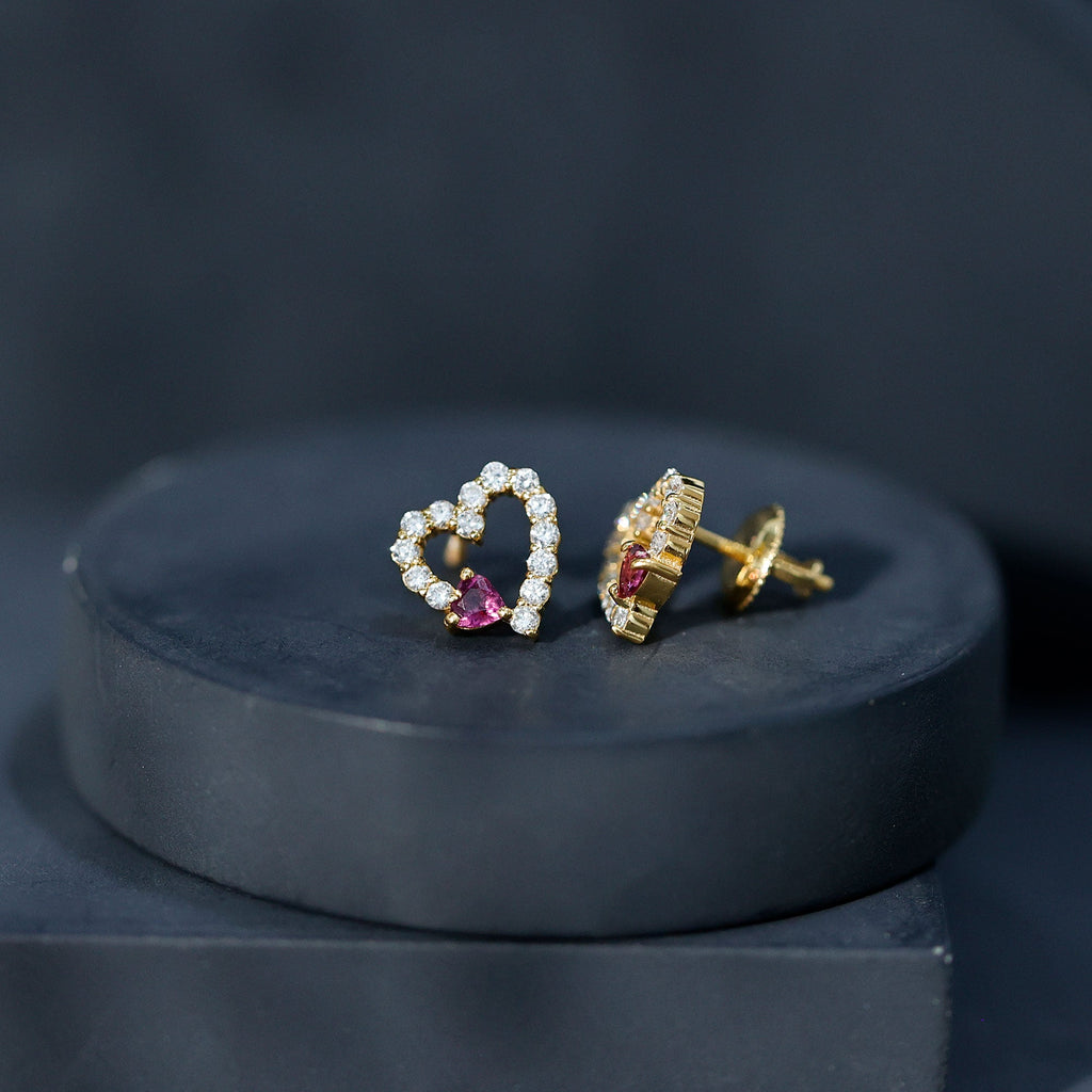 Sterling Silver Rhodolite Diamond Heart Stud Earrings