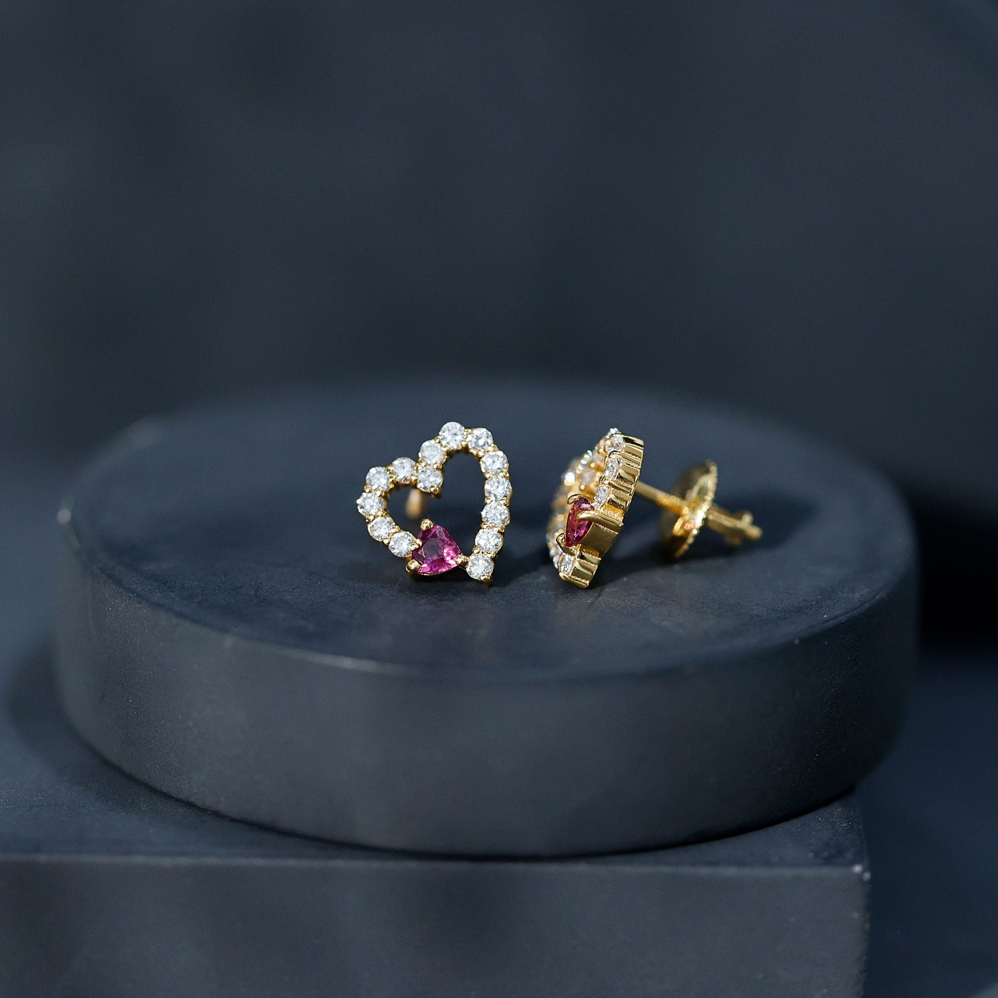 Sterling Silver Rhodolite Diamond Heart Stud Earrings