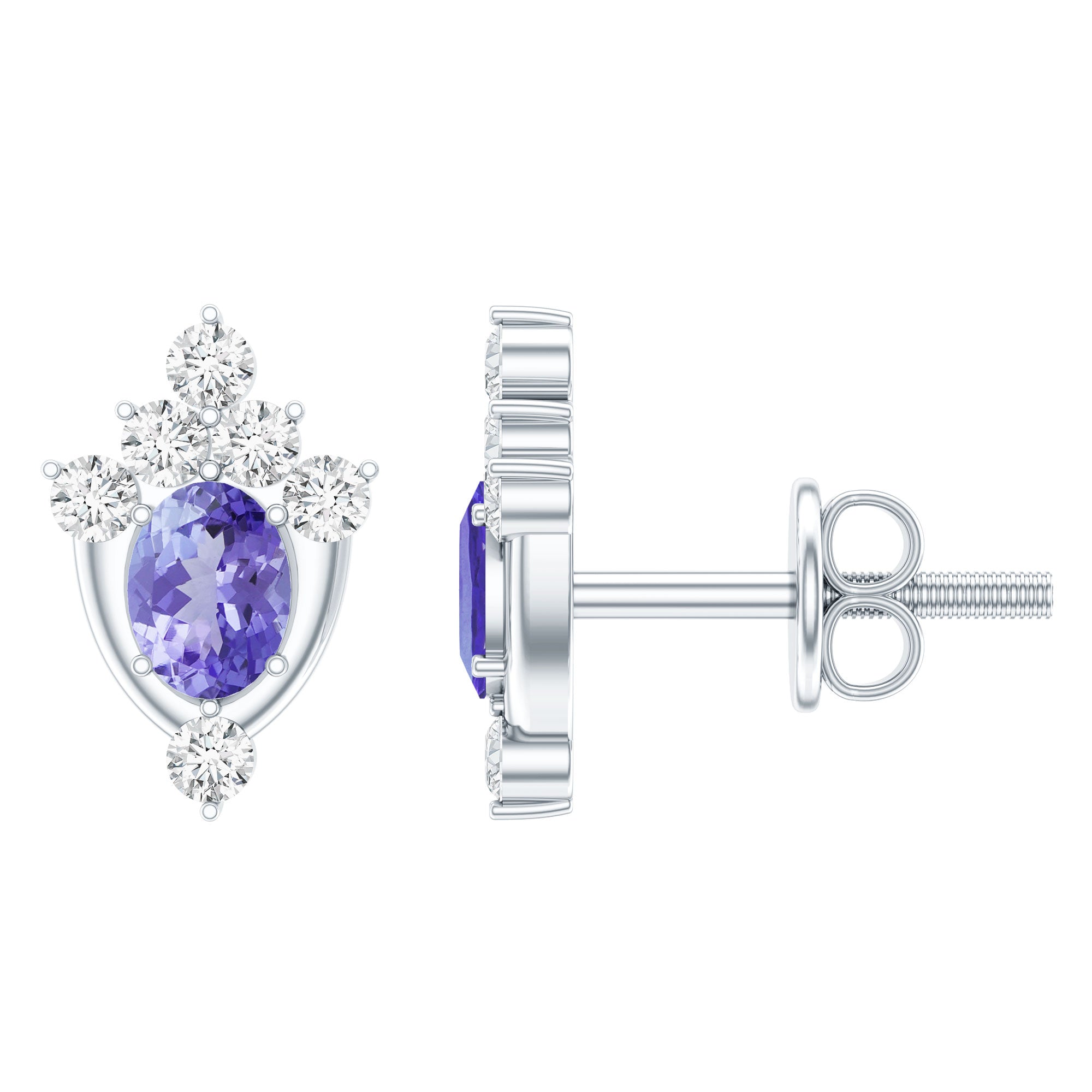Oval Shaped Tanzanite Stud Earrings with Lab Diamond in Sterling Silver