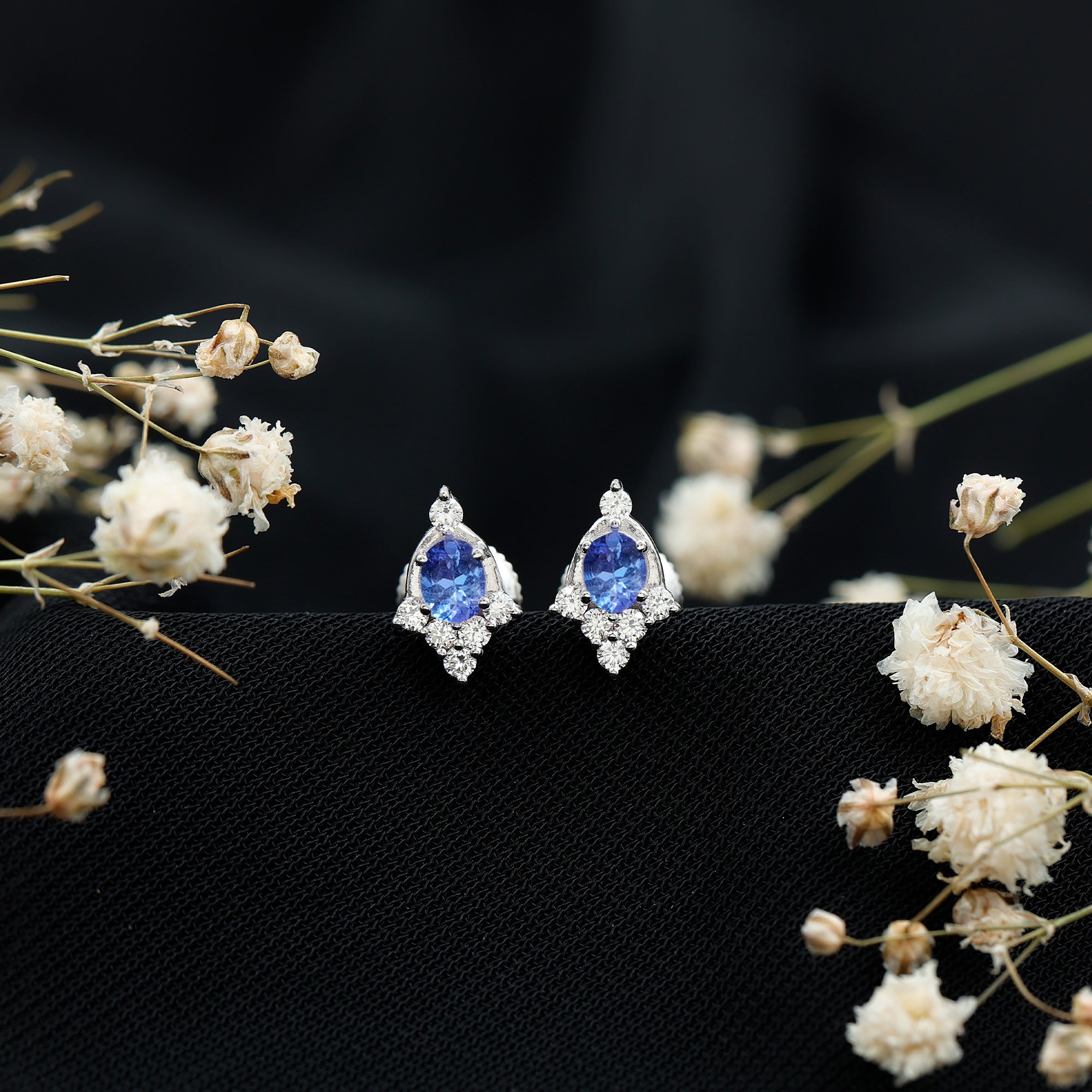 Oval Shaped Tanzanite Stud Earrings with Lab Diamond in Sterling Silver
