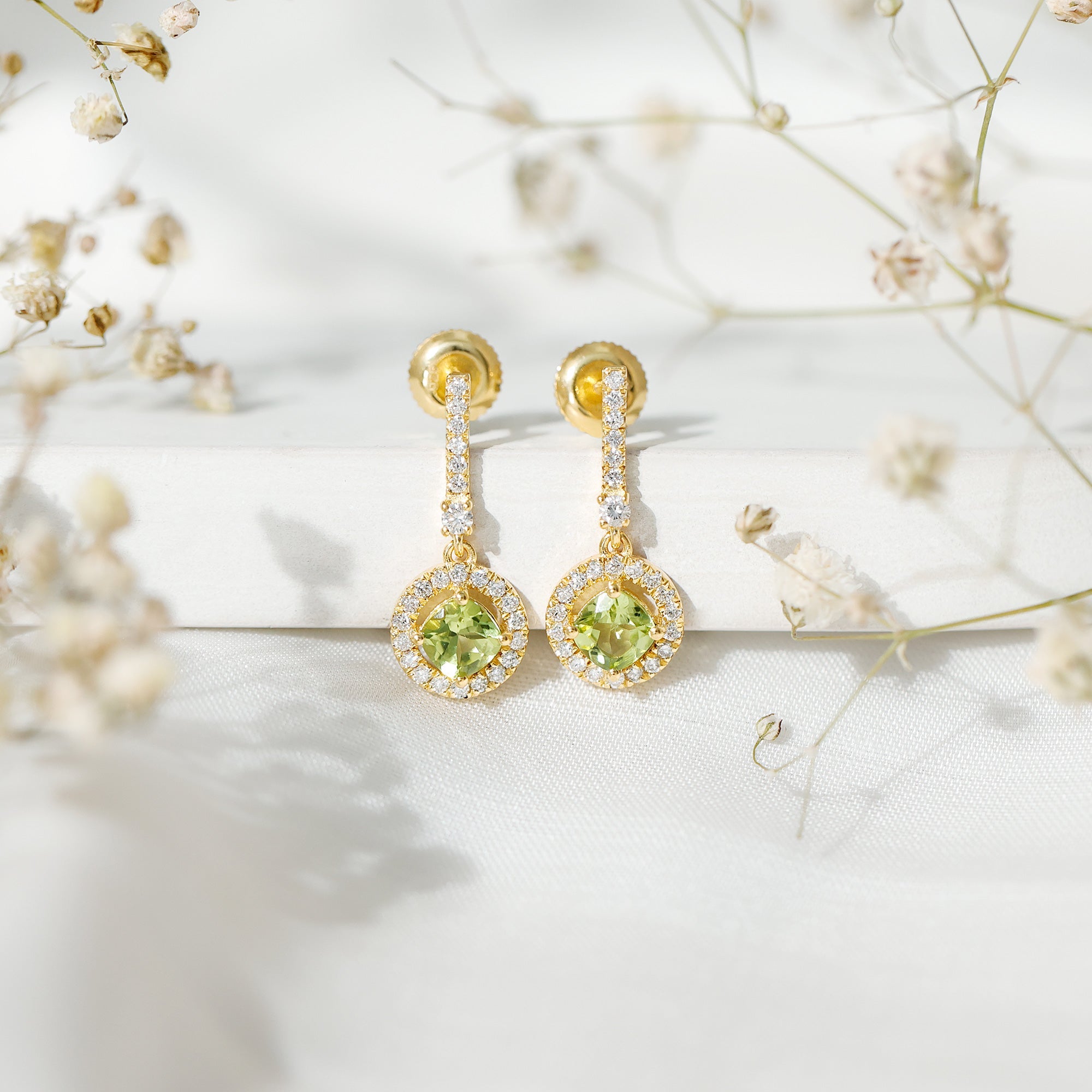 Genuine 1 Carat Peridot Dangle Earrings with Lab Diamond