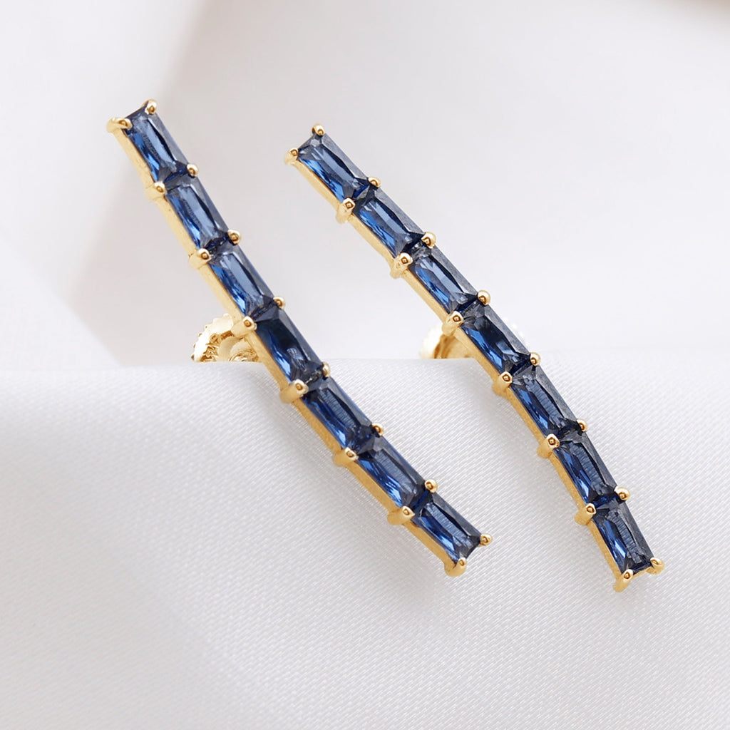 Baguette Cut Lab Grown Blue Sapphire Climber Earrings