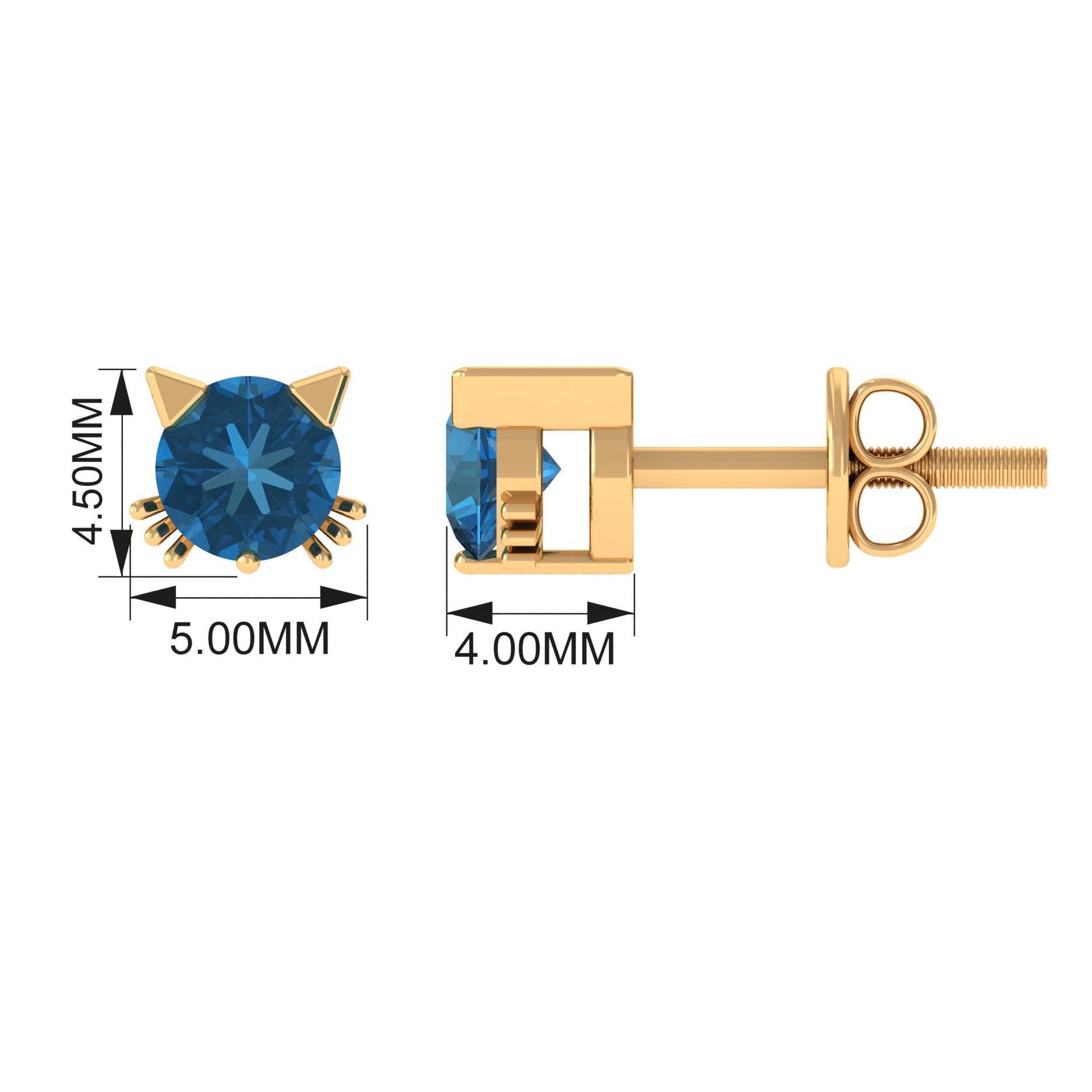 1.2 Carat Round Shape London Blue Topaz Cat Stud Earrings