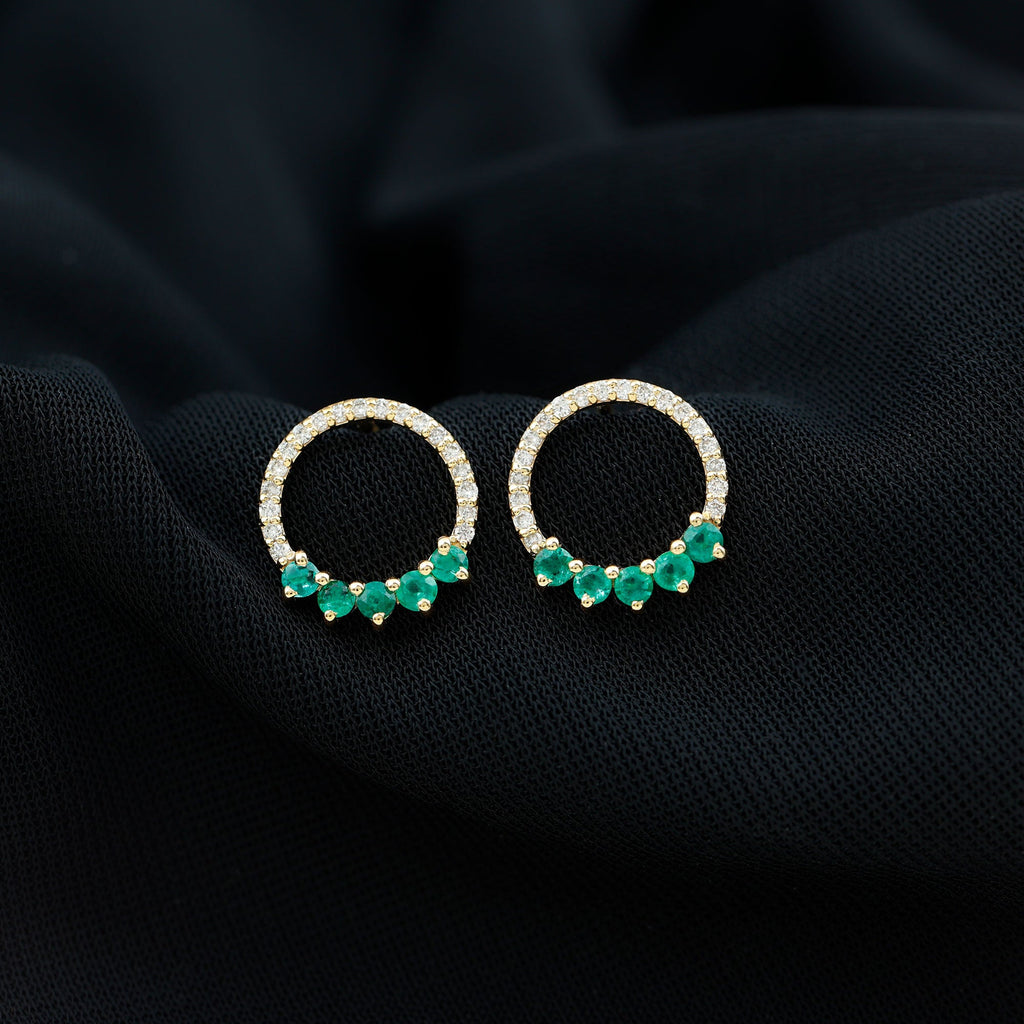 Open Circle Stud Earrings with Emerald and Diamond