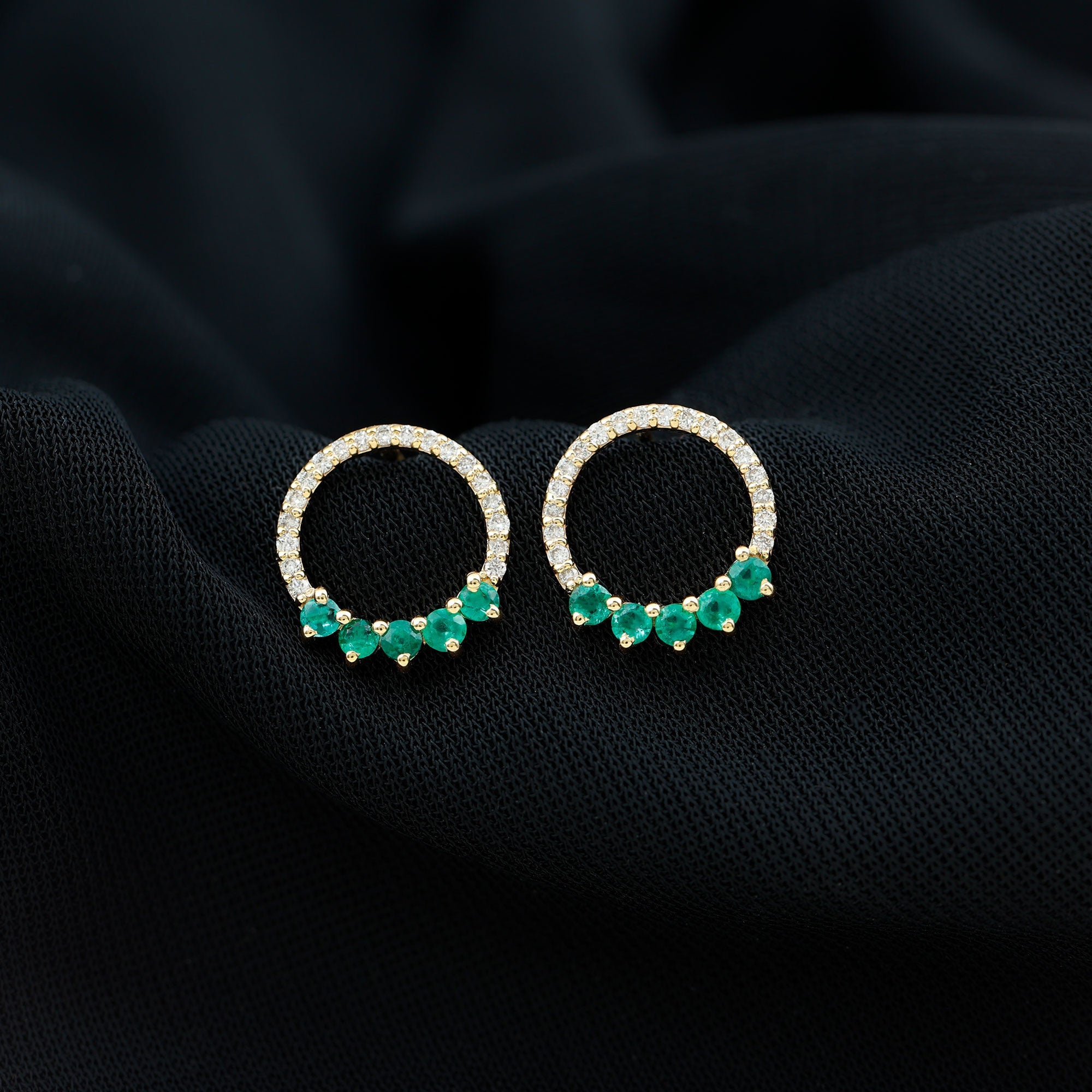 Open Circle Stud Earrings with Emerald and Diamond