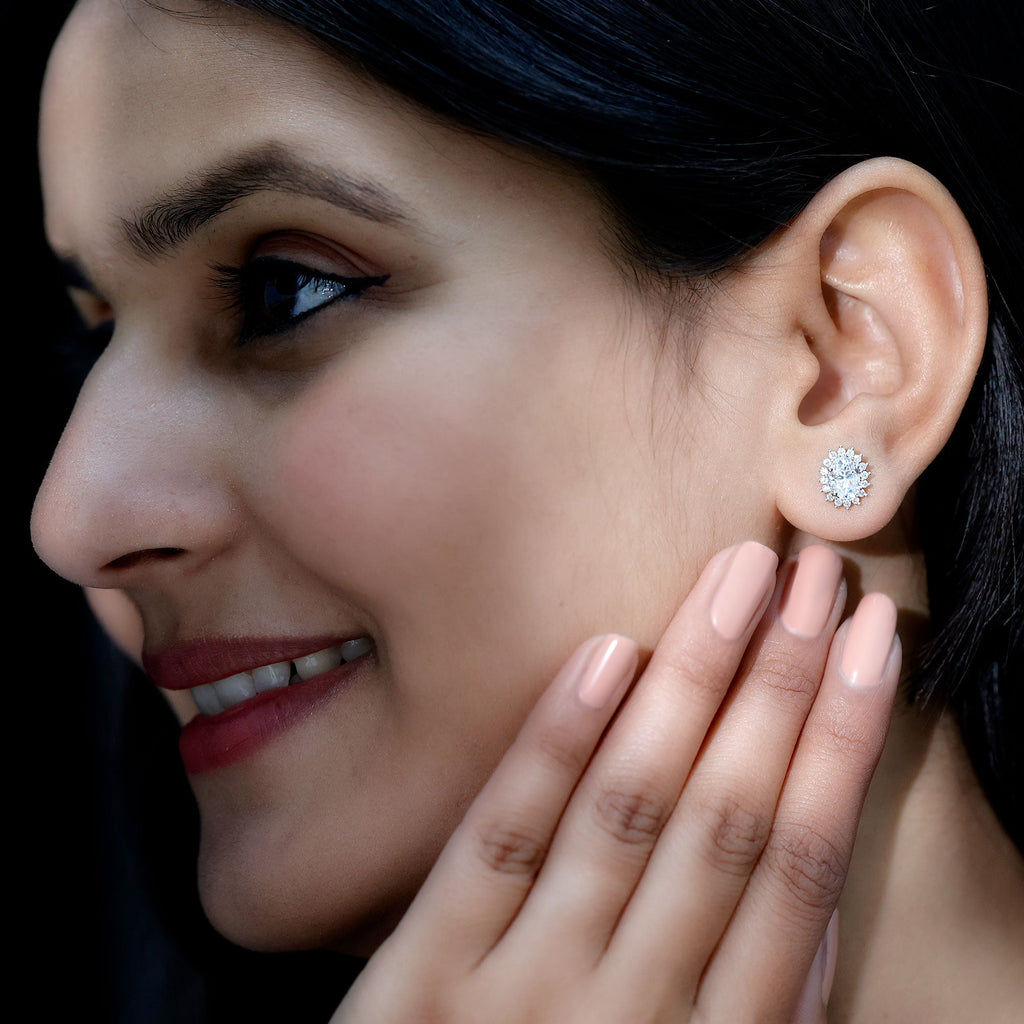 2 Carat Oval Moissanite Halo Stud Earrings In Sterling Silver