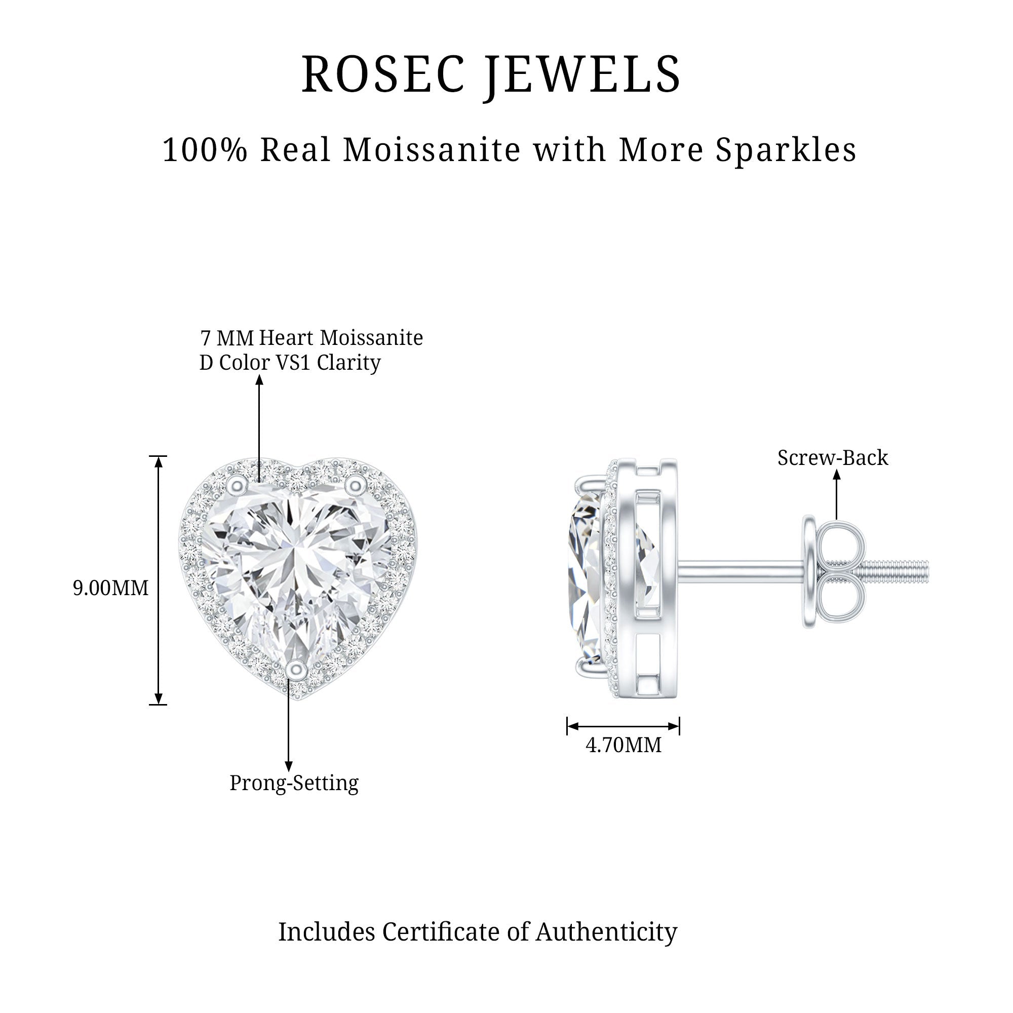 Certified 3 Carat Heart Moissanite Halo Stud Earrings