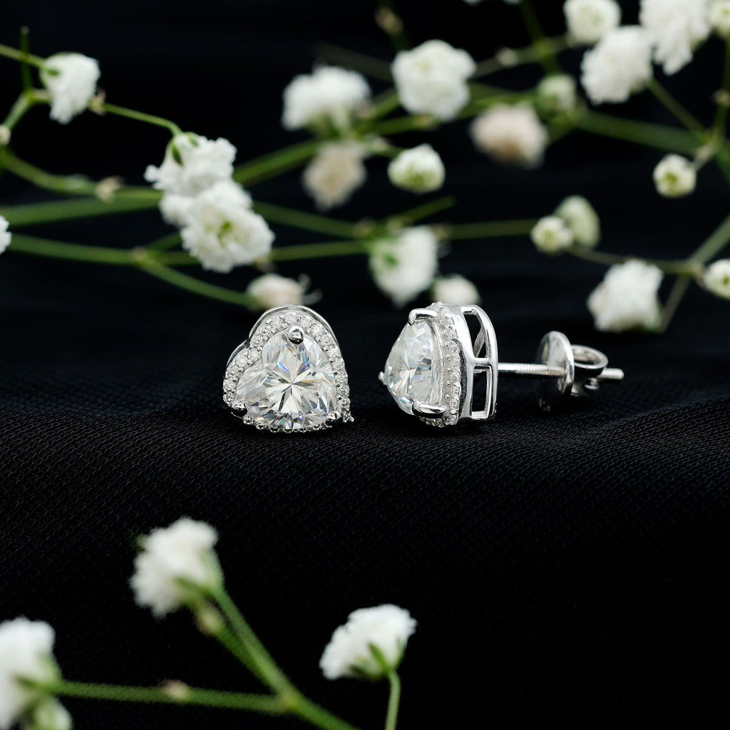 Certified 3 Carat Heart Moissanite Halo Stud Earrings