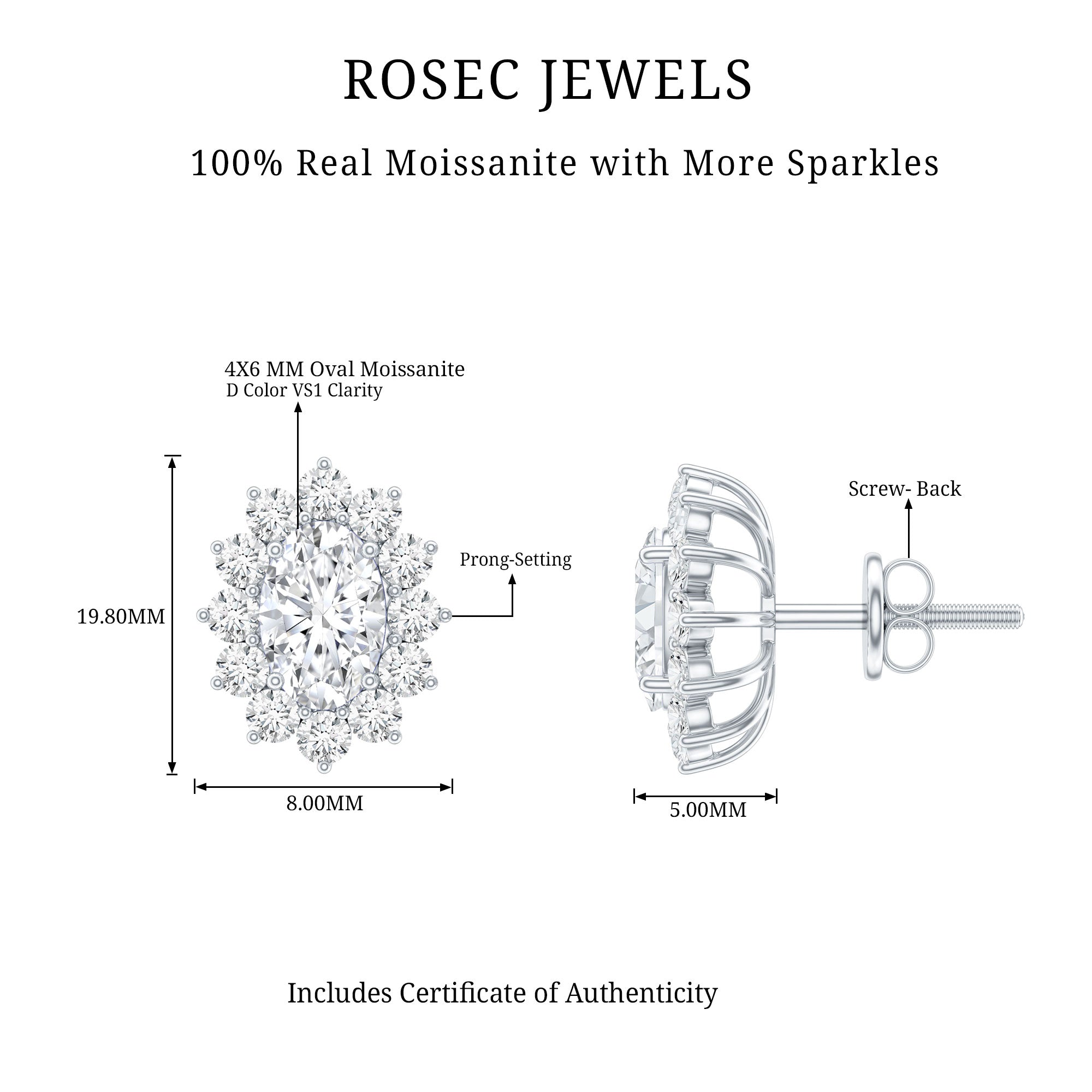 Certified Oval Shaped Moissanite Halo Stud Earrings in Silver