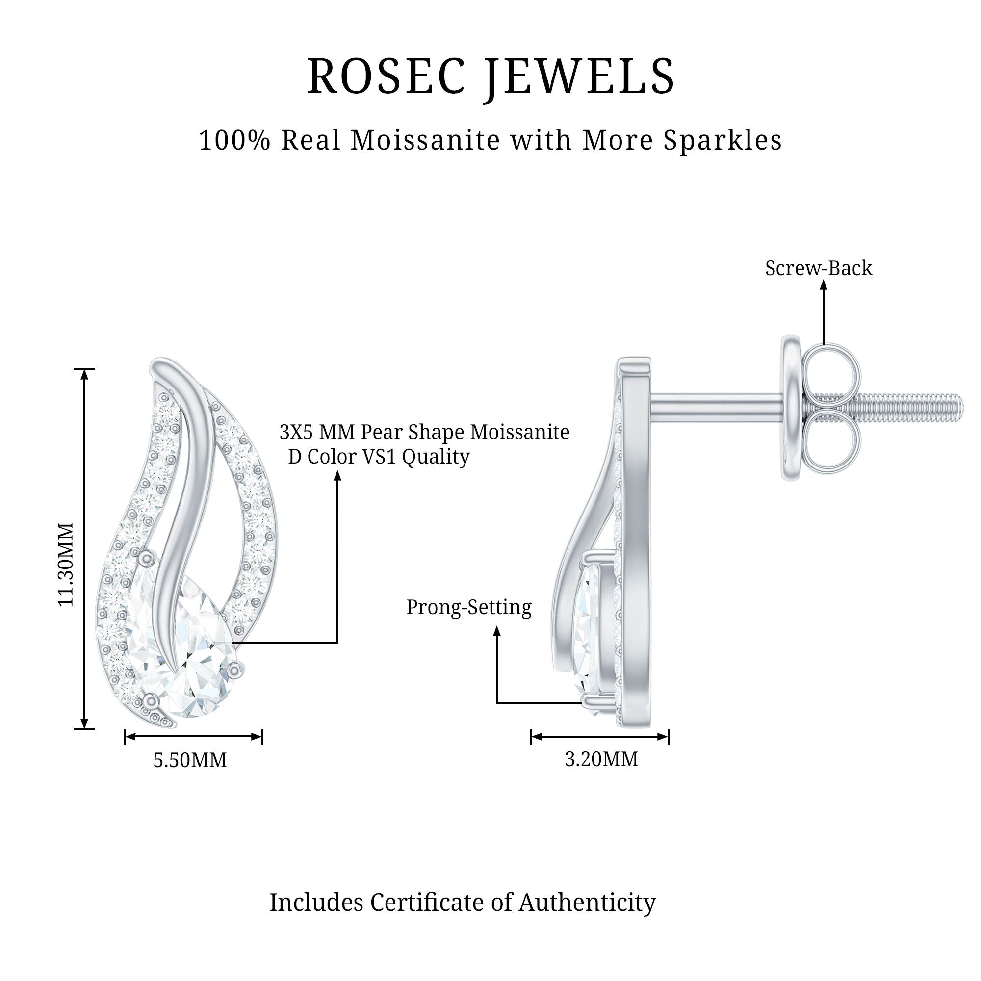 Certified Moissanite Leaf Stud Earrings with Screw Back