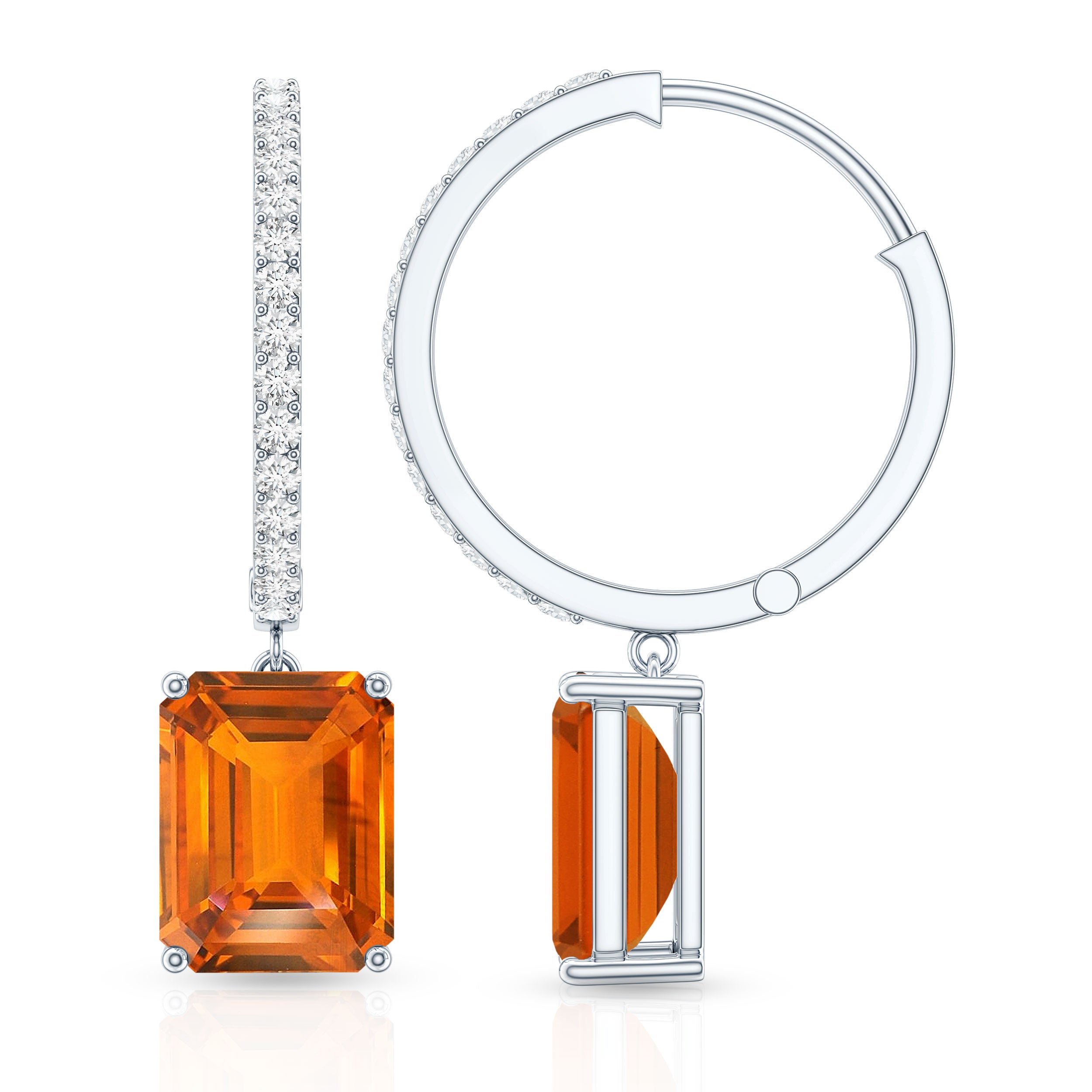 Emerald Cut Lab Grown Orange Sapphire Drop Hoop Earrings with Diamond