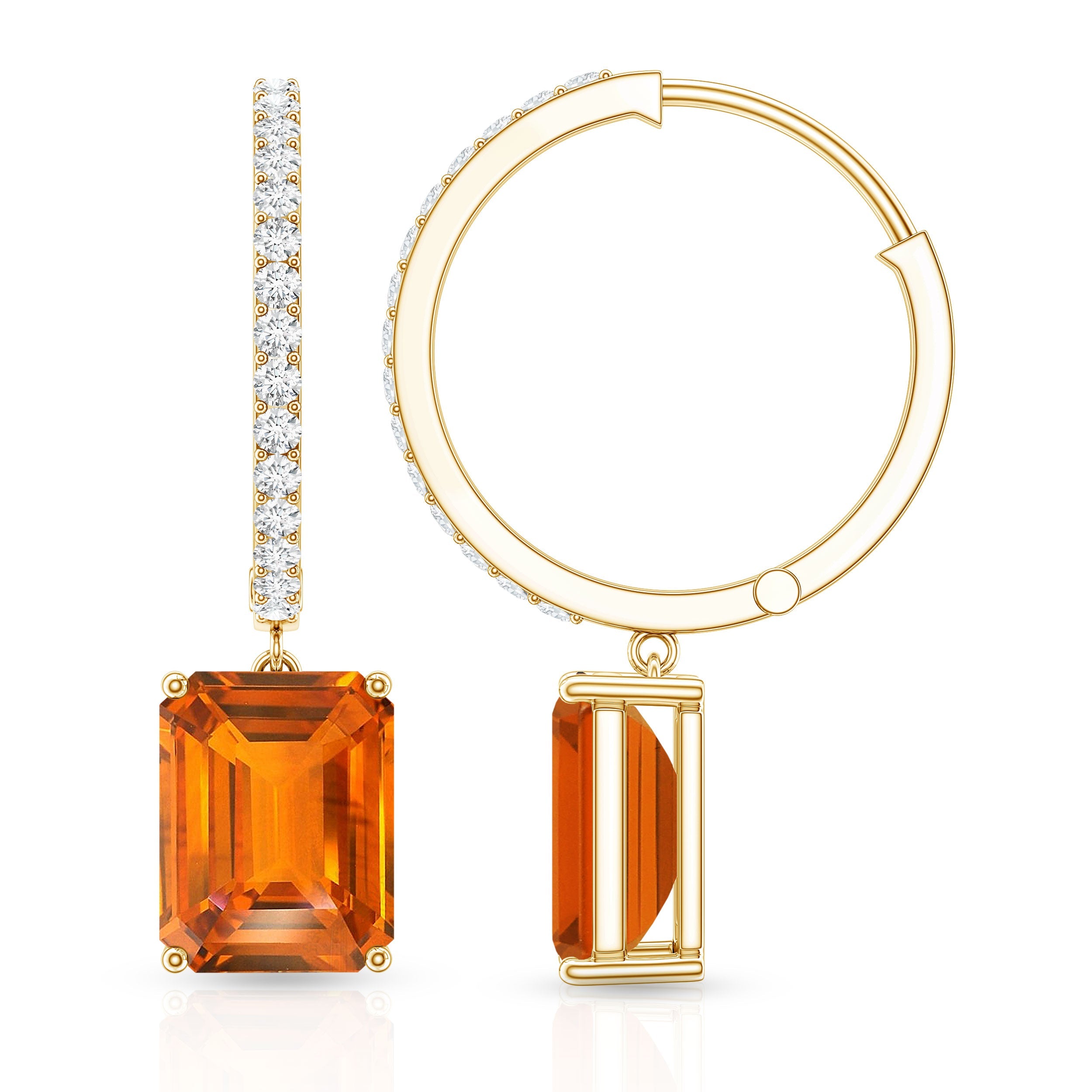Emerald Cut Lab Grown Orange Sapphire Drop Hoop Earrings with Diamond
