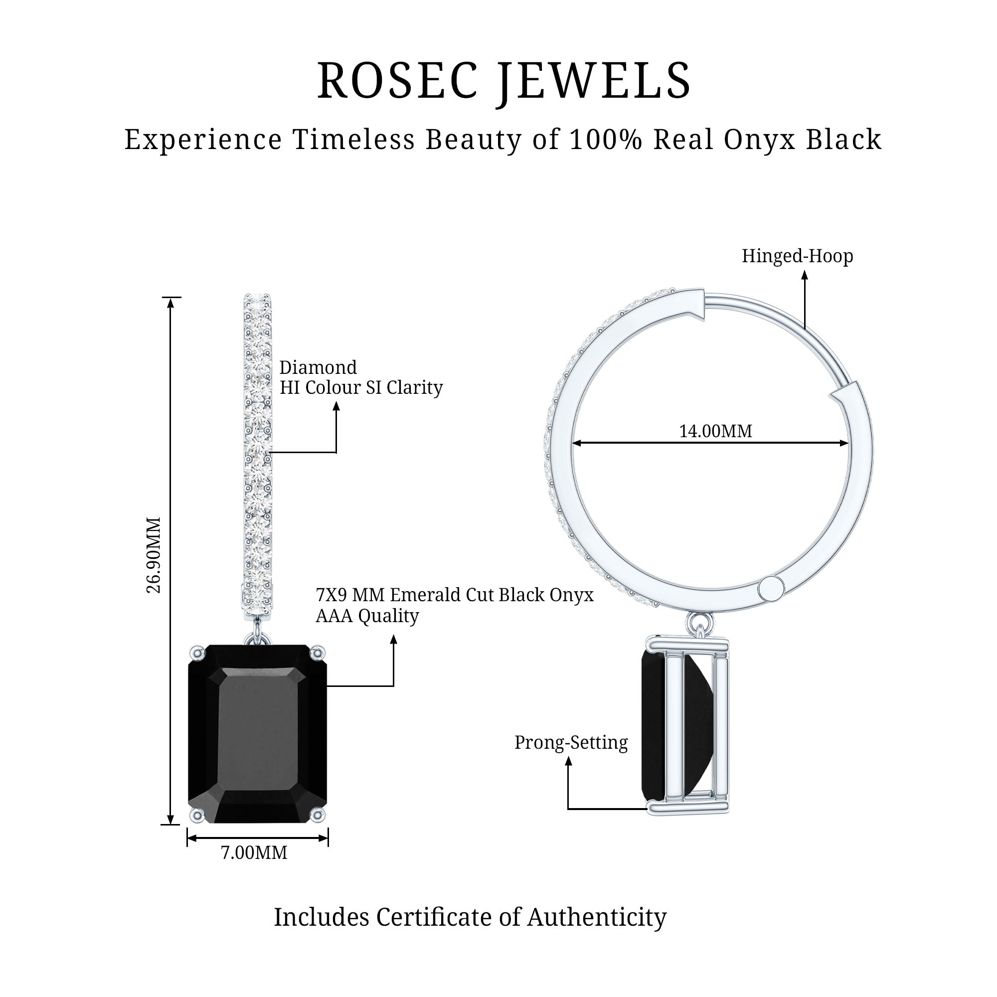 Natural 7X9mm Emerald Cut Black Onyx Hoop Drop Earrings with Diamond