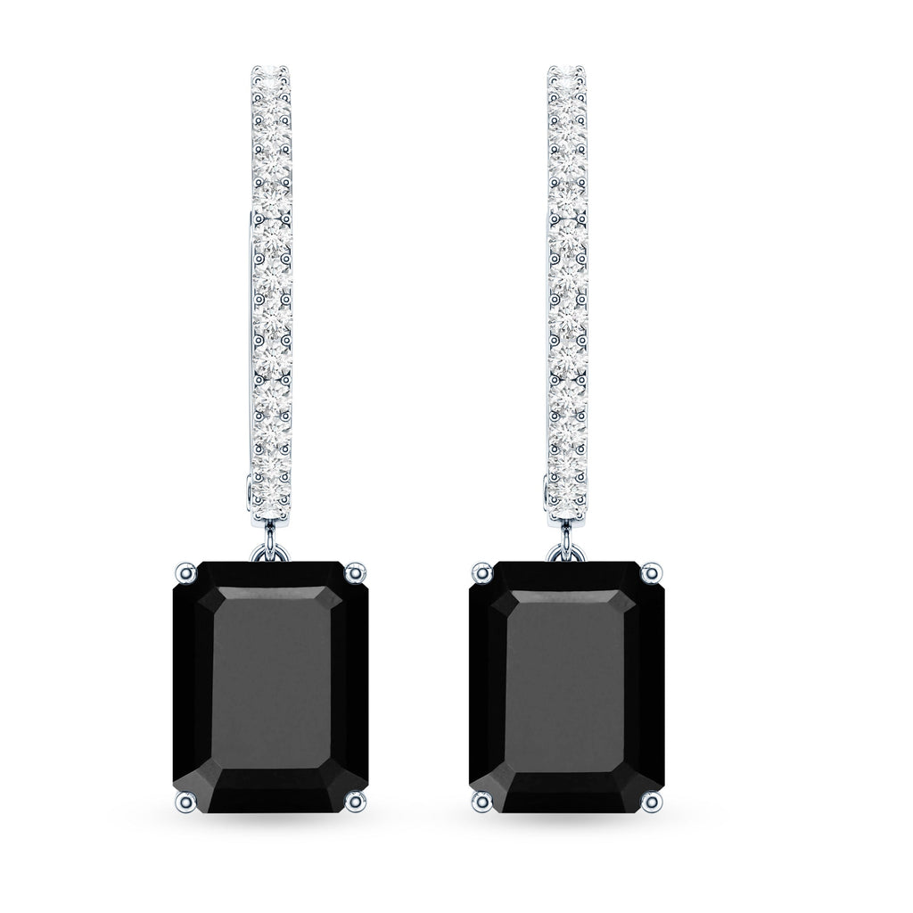 Natural 7X9mm Emerald Cut Black Onyx Hoop Drop Earrings with Diamond