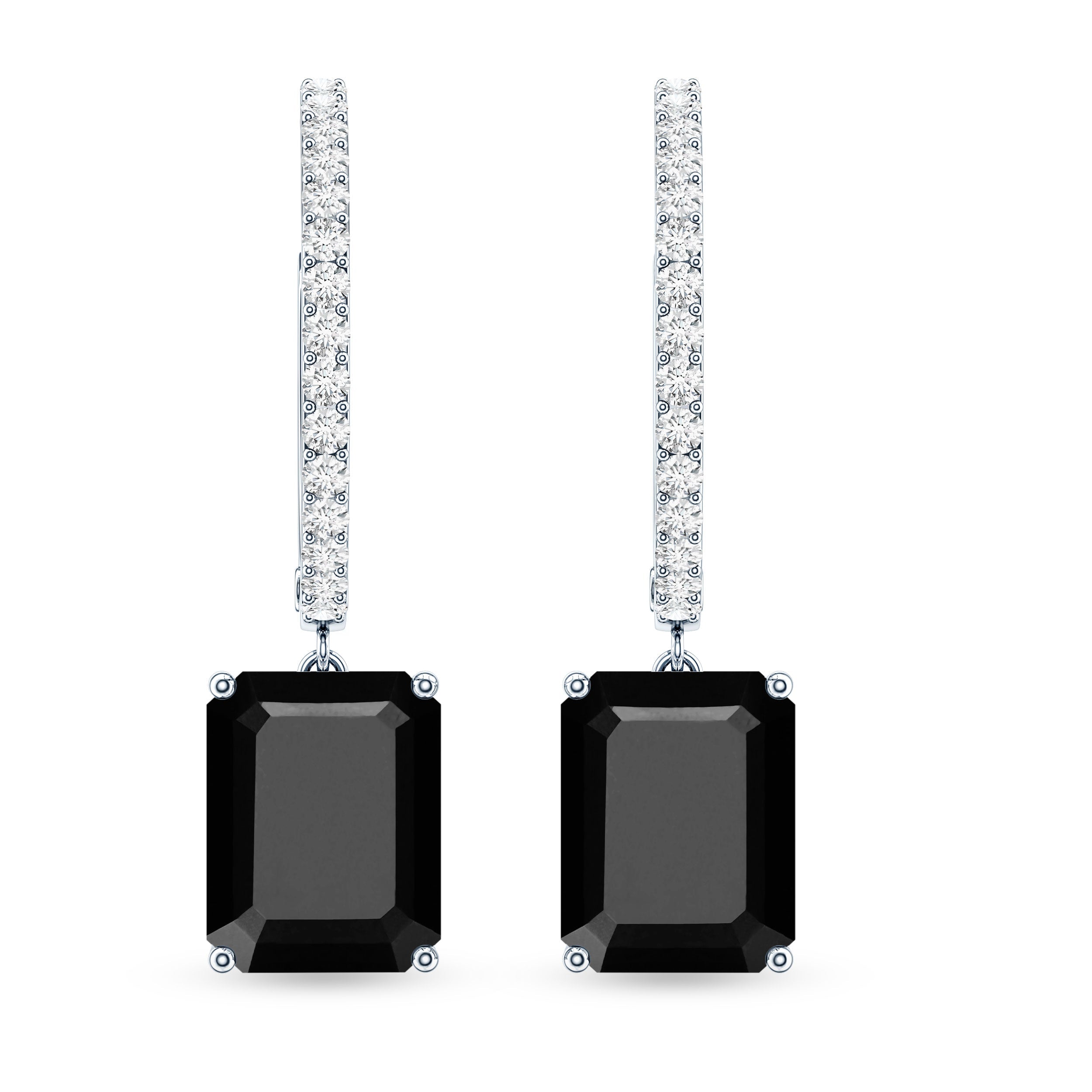 Natural 7X9mm Emerald Cut Black Onyx Hoop Drop Earrings with Diamond