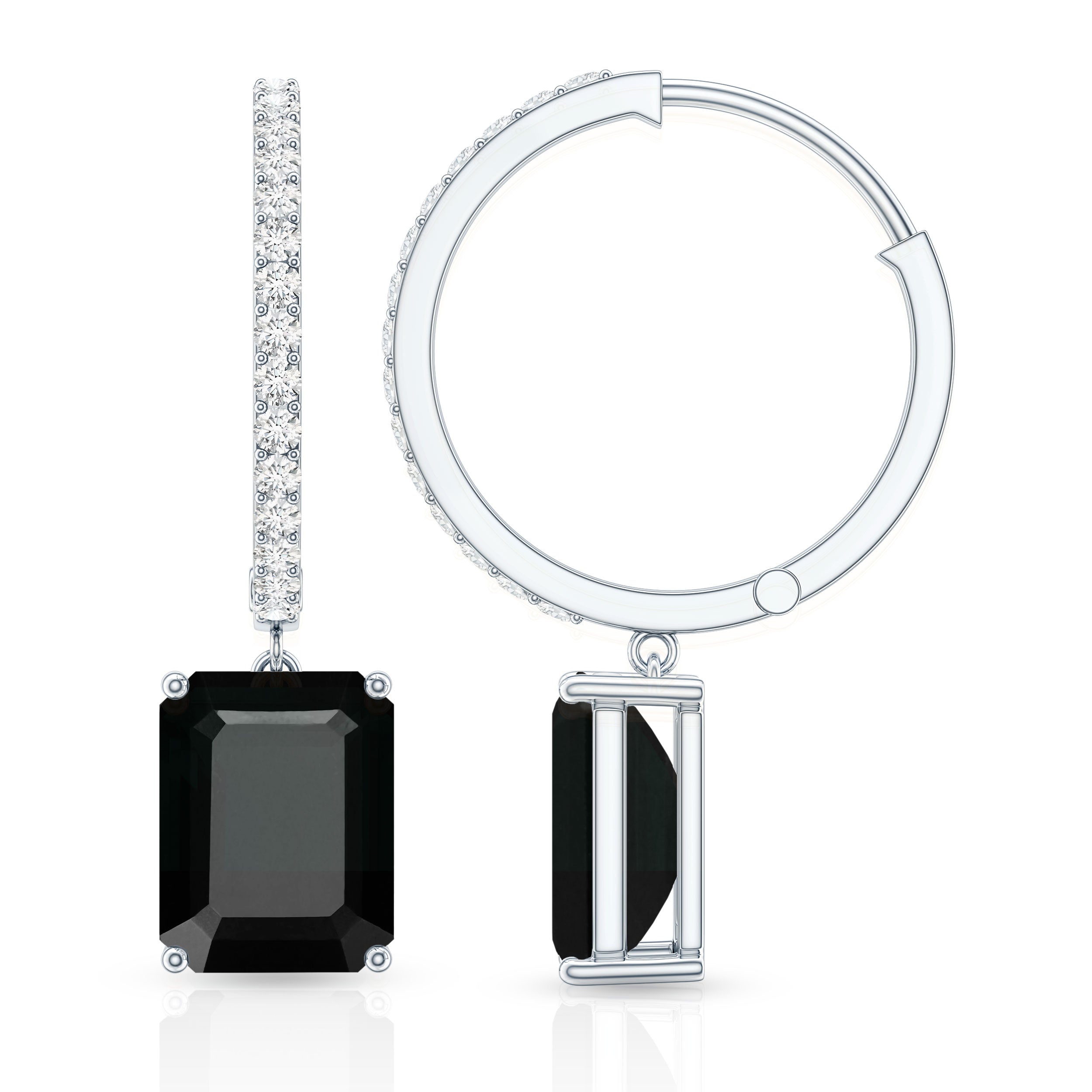 Natural 7X9mm Emerald Cut Black Onyx Hoop Drop Earrings with Diamond