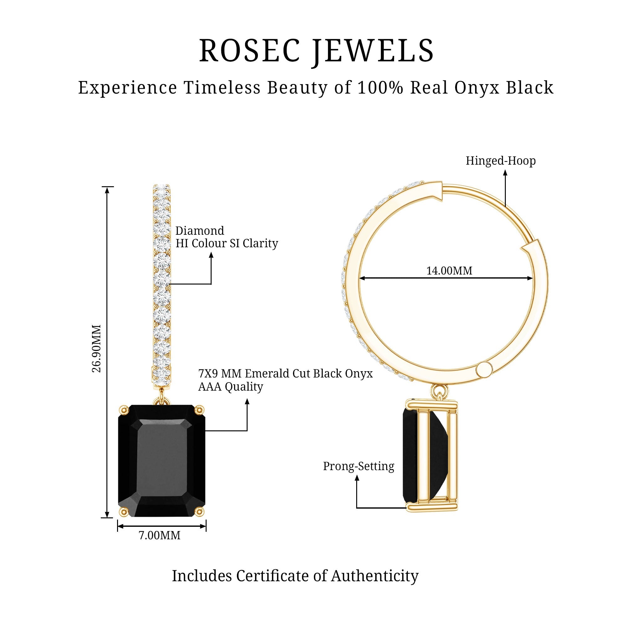 Natural 7X9mm Emerald Cut Black Onyx Hoop Drop Earrings with Diamond