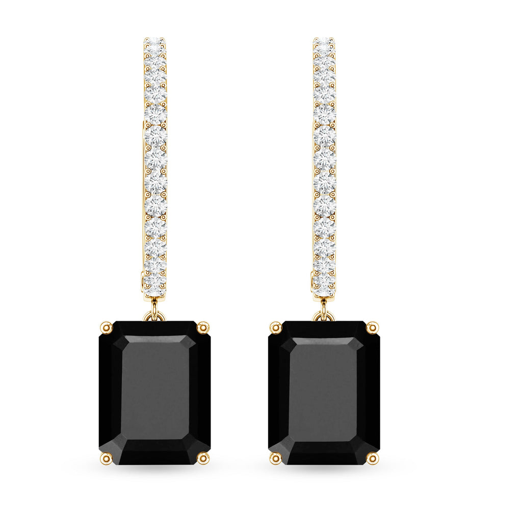 Natural 7X9mm Emerald Cut Black Onyx Hoop Drop Earrings with Diamond
