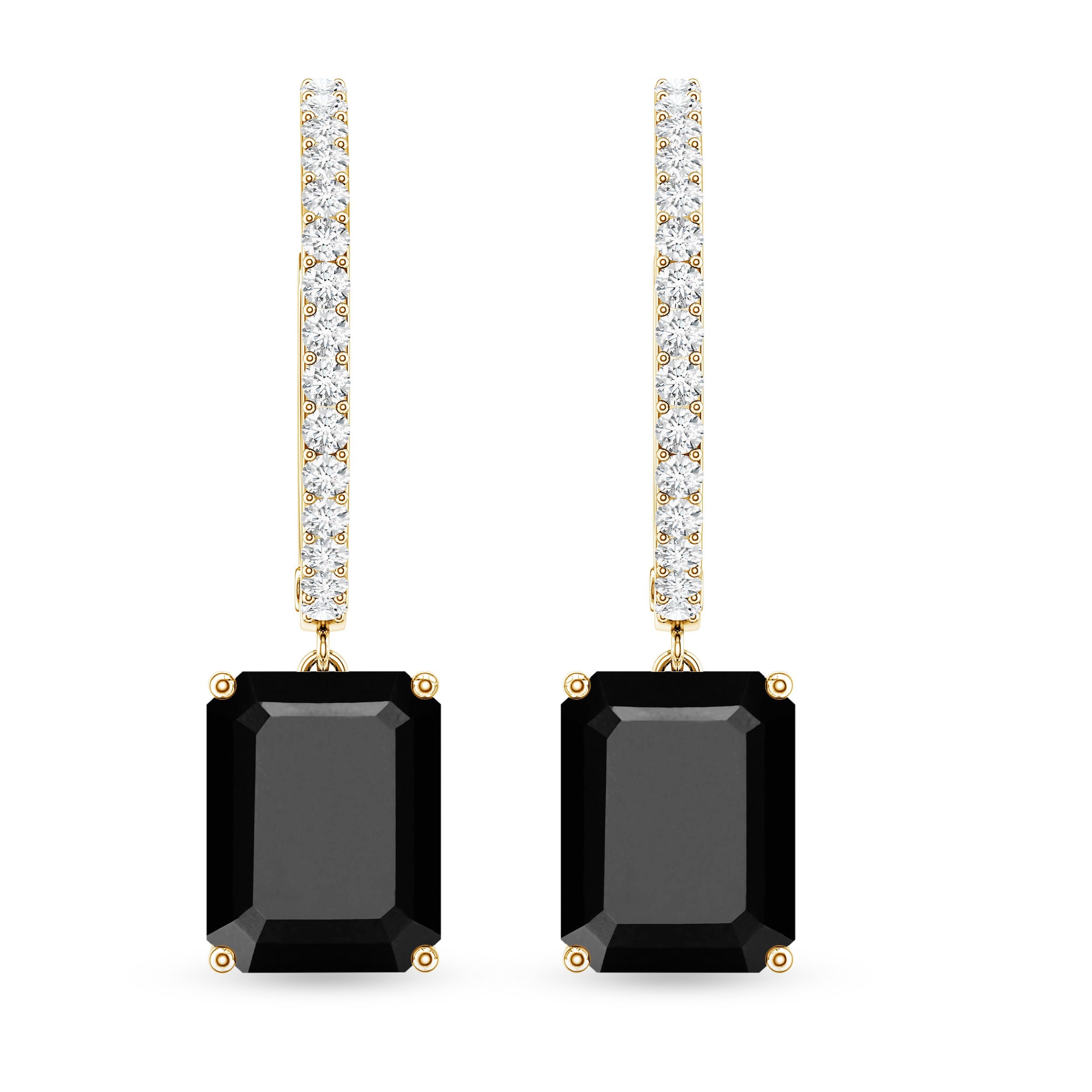 Natural 7X9mm Emerald Cut Black Onyx Hoop Drop Earrings with Diamond