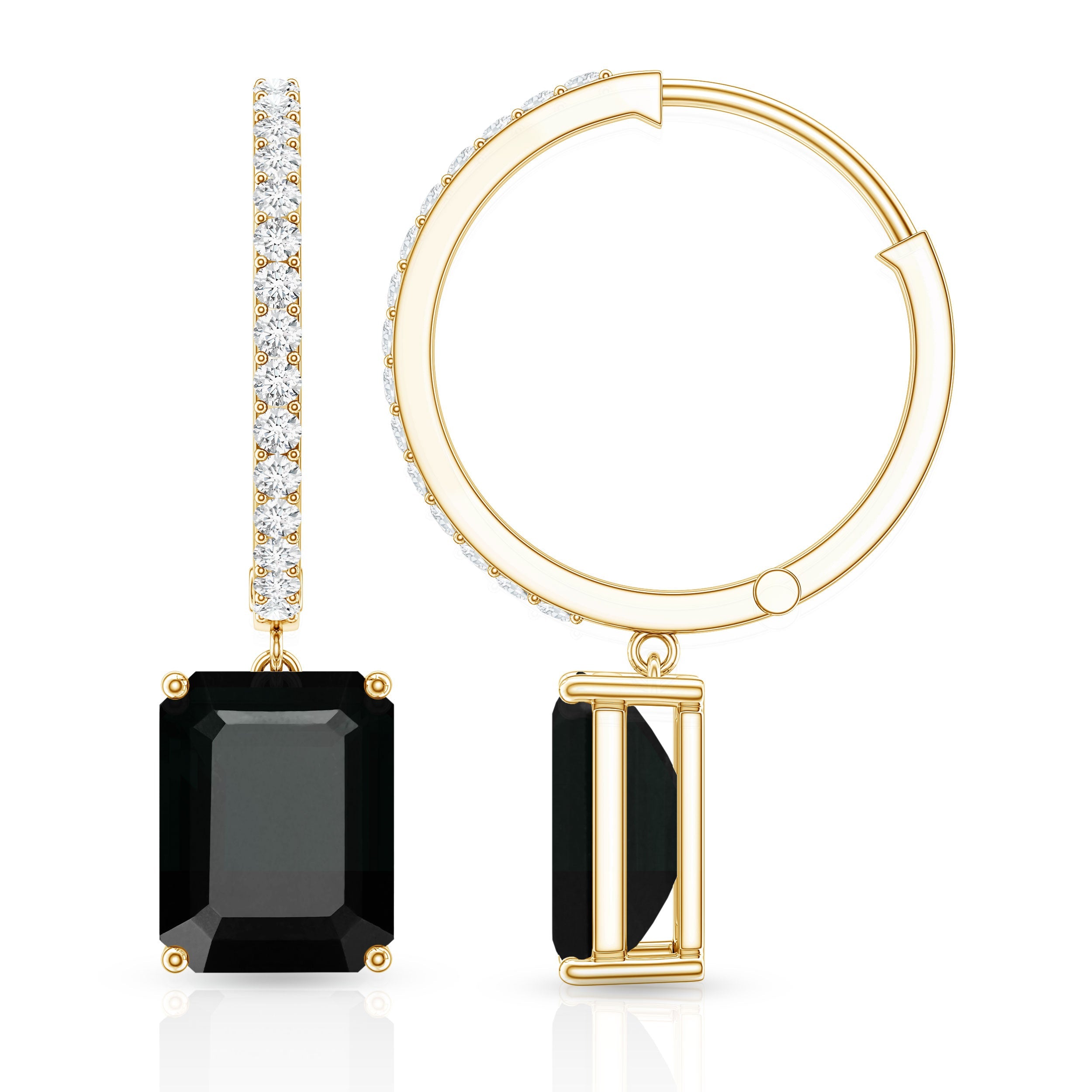 Natural 7X9mm Emerald Cut Black Onyx Hoop Drop Earrings with Diamond