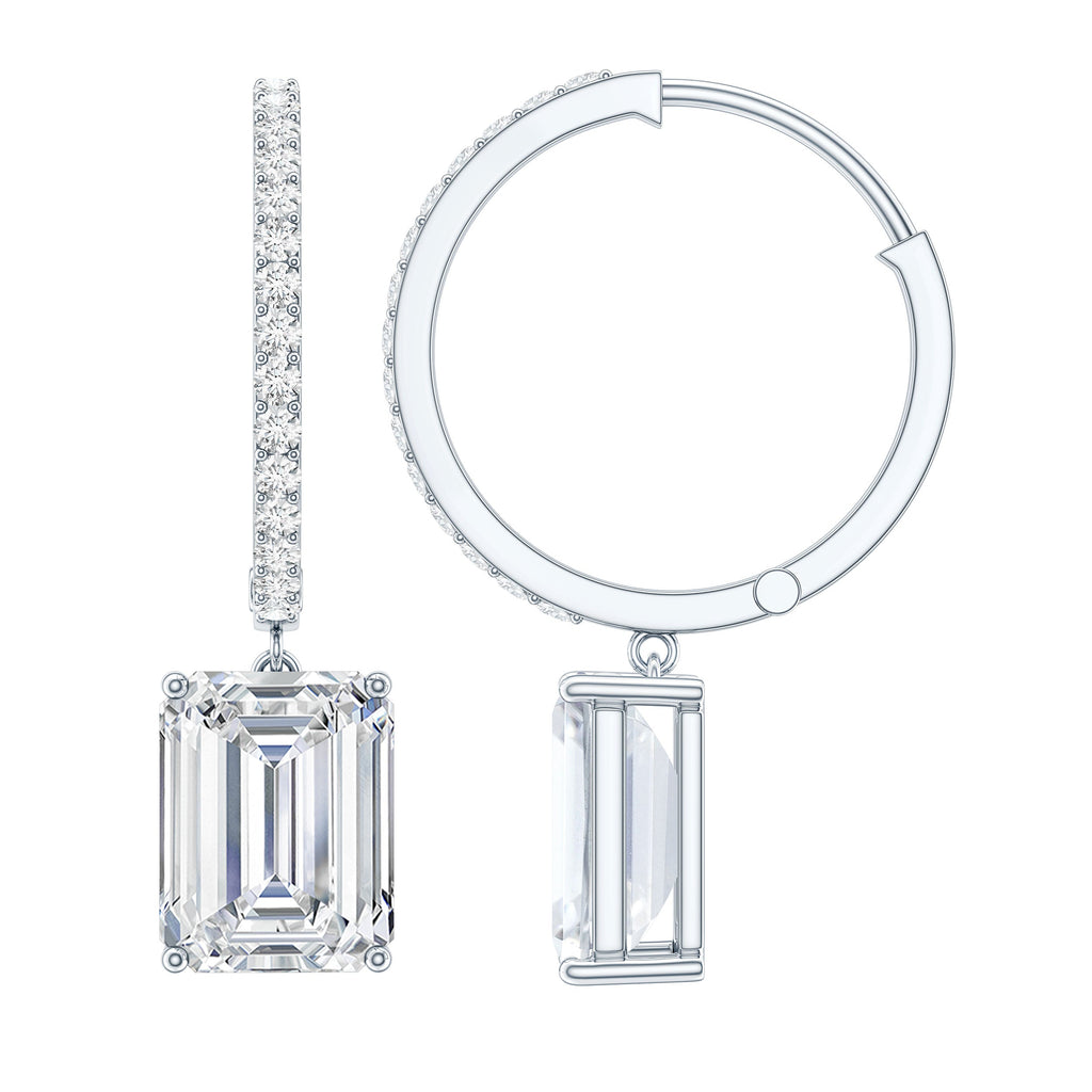 Certified 2.8 Carat Emerald Cut Moissanite Drop Hoop Earrings