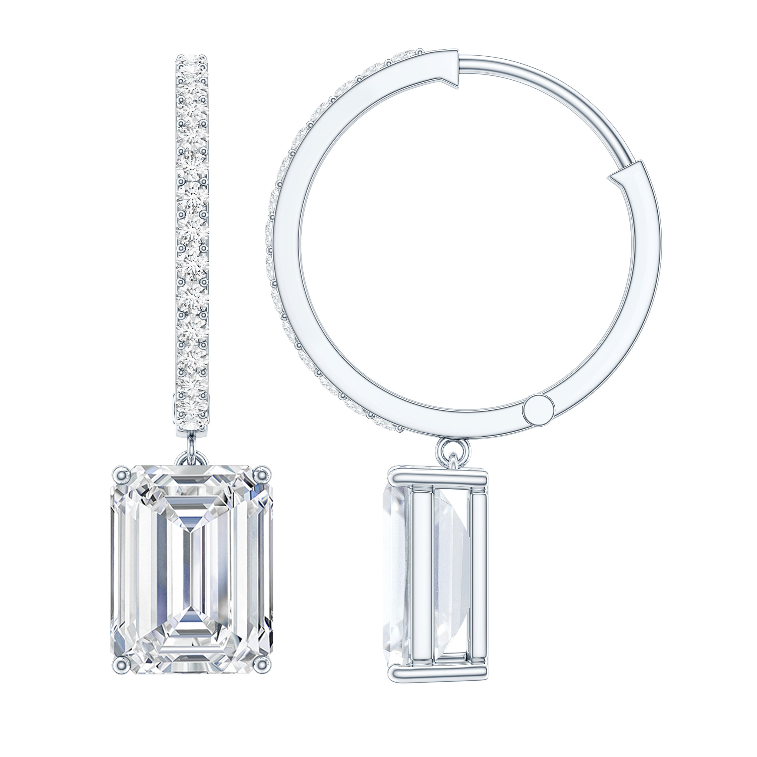Certified 2.8 Carat Emerald Cut Moissanite Drop Hoop Earrings