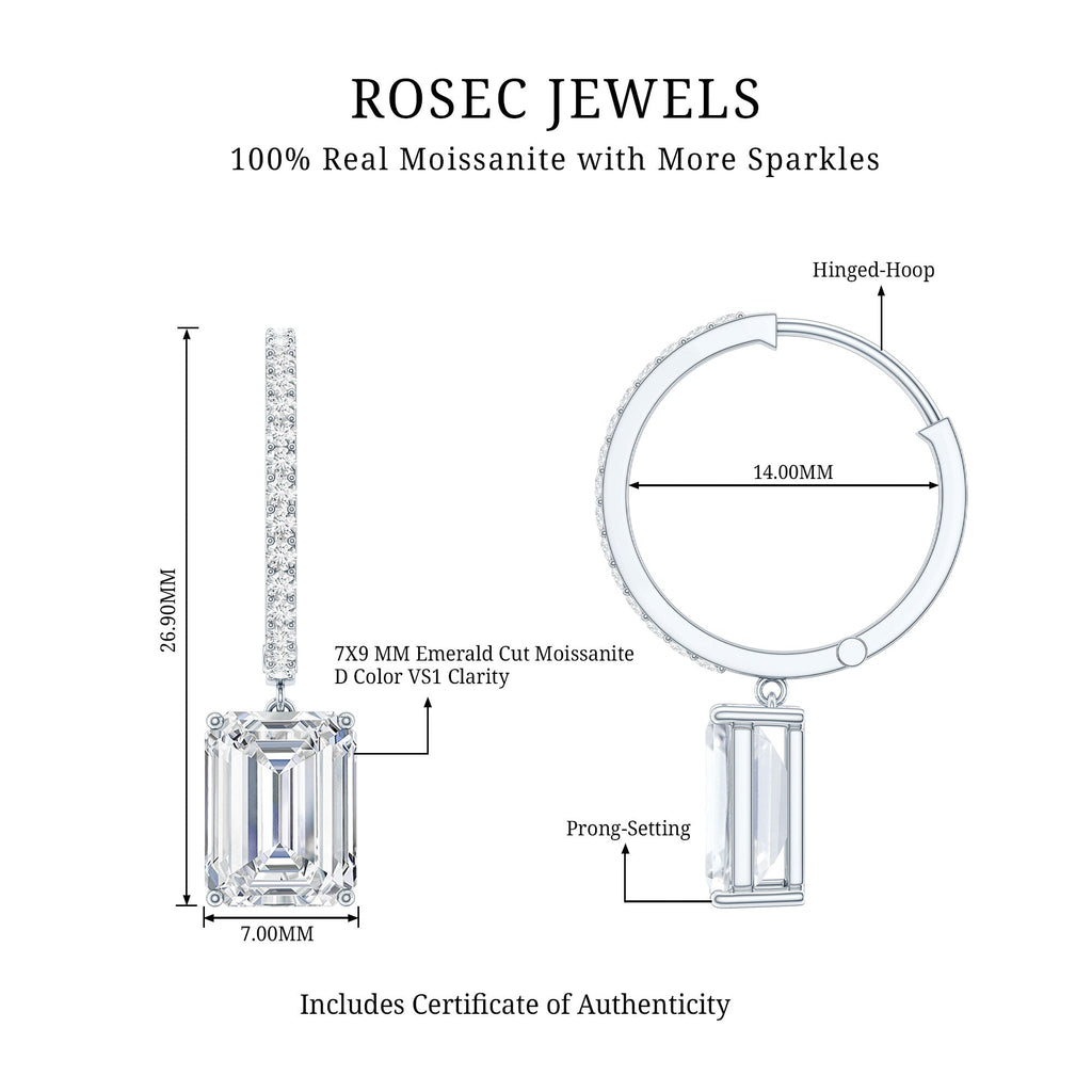 Certified 2.8 Carat Emerald Cut Moissanite Drop Hoop Earrings