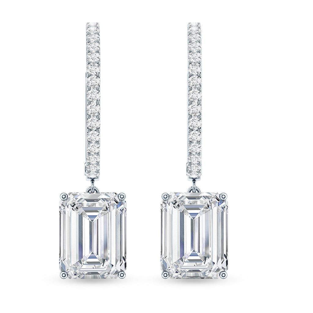 Certified 2.8 Carat Emerald Cut Moissanite Drop Hoop Earrings