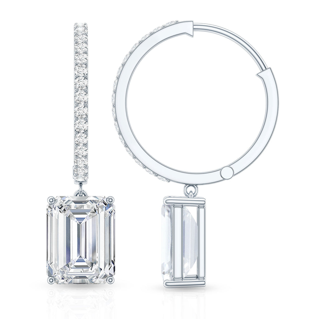 Certified 2.8 Carat Emerald Cut Moissanite Drop Hoop Earrings
