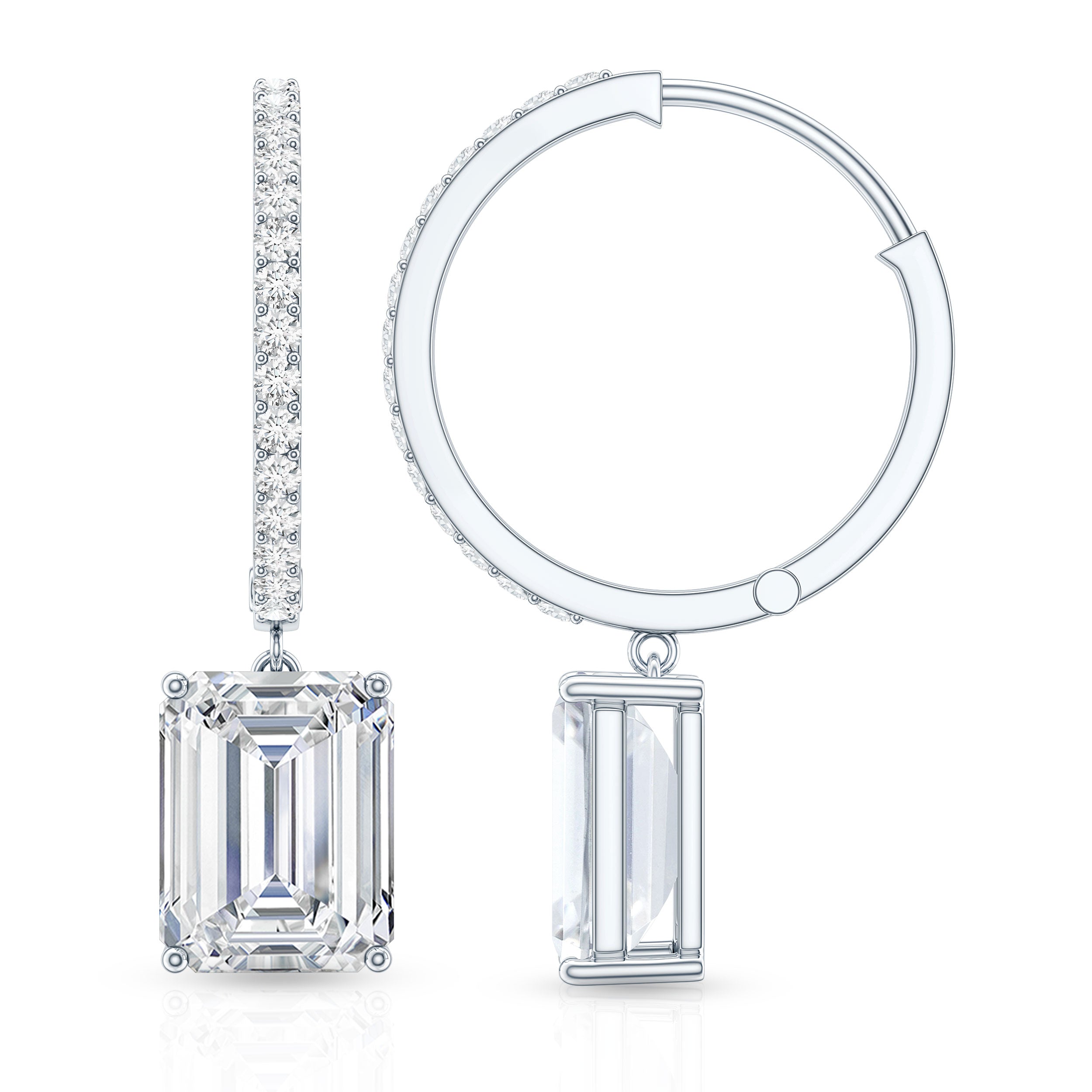Certified 2.8 Carat Emerald Cut Moissanite Drop Hoop Earrings