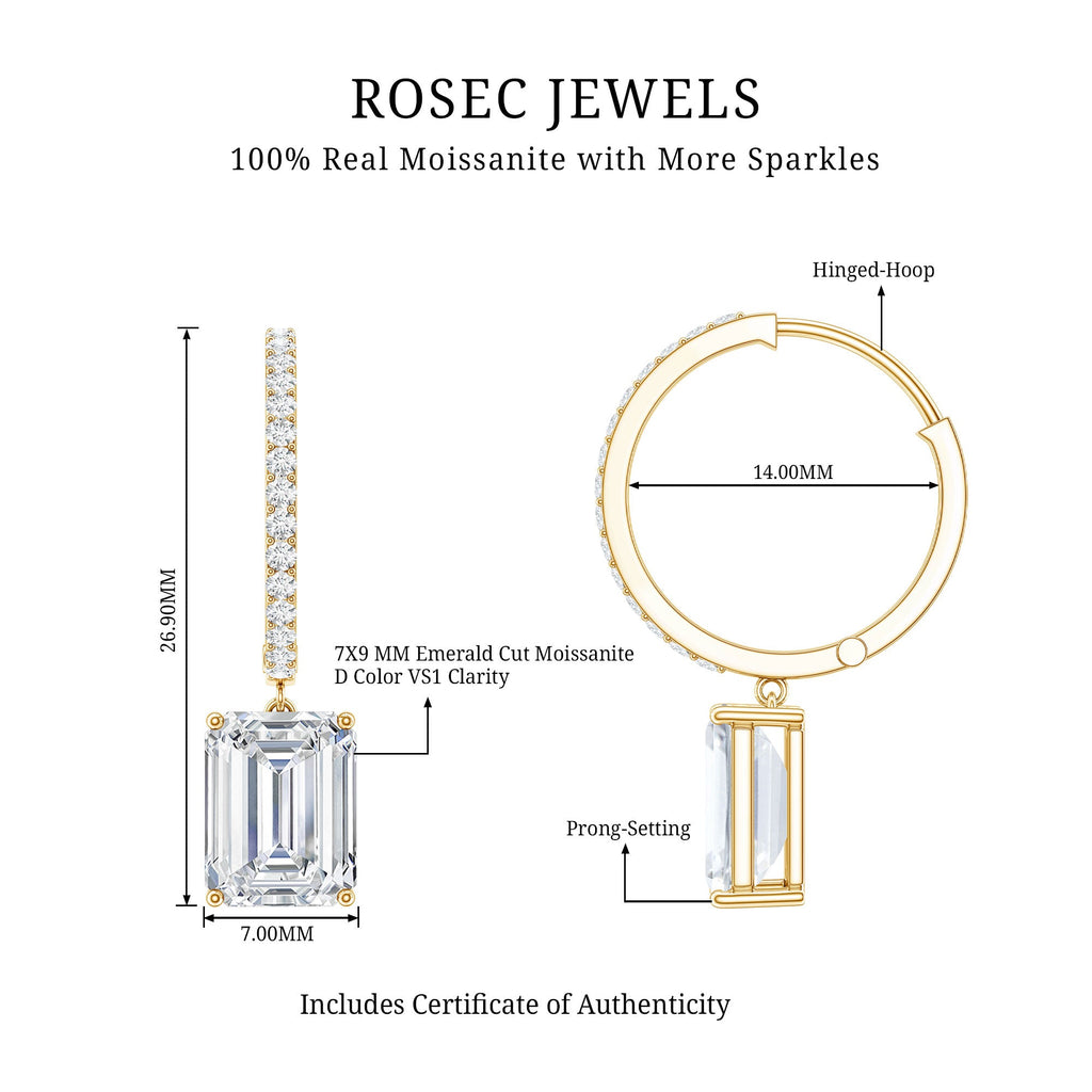 Certified 2.8 Carat Emerald Cut Moissanite Drop Hoop Earrings