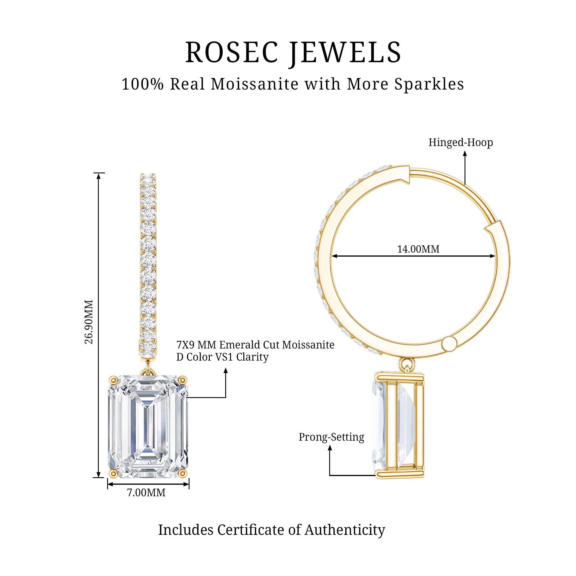 Certified 2.8 Carat Emerald Cut Moissanite Drop Hoop Earrings