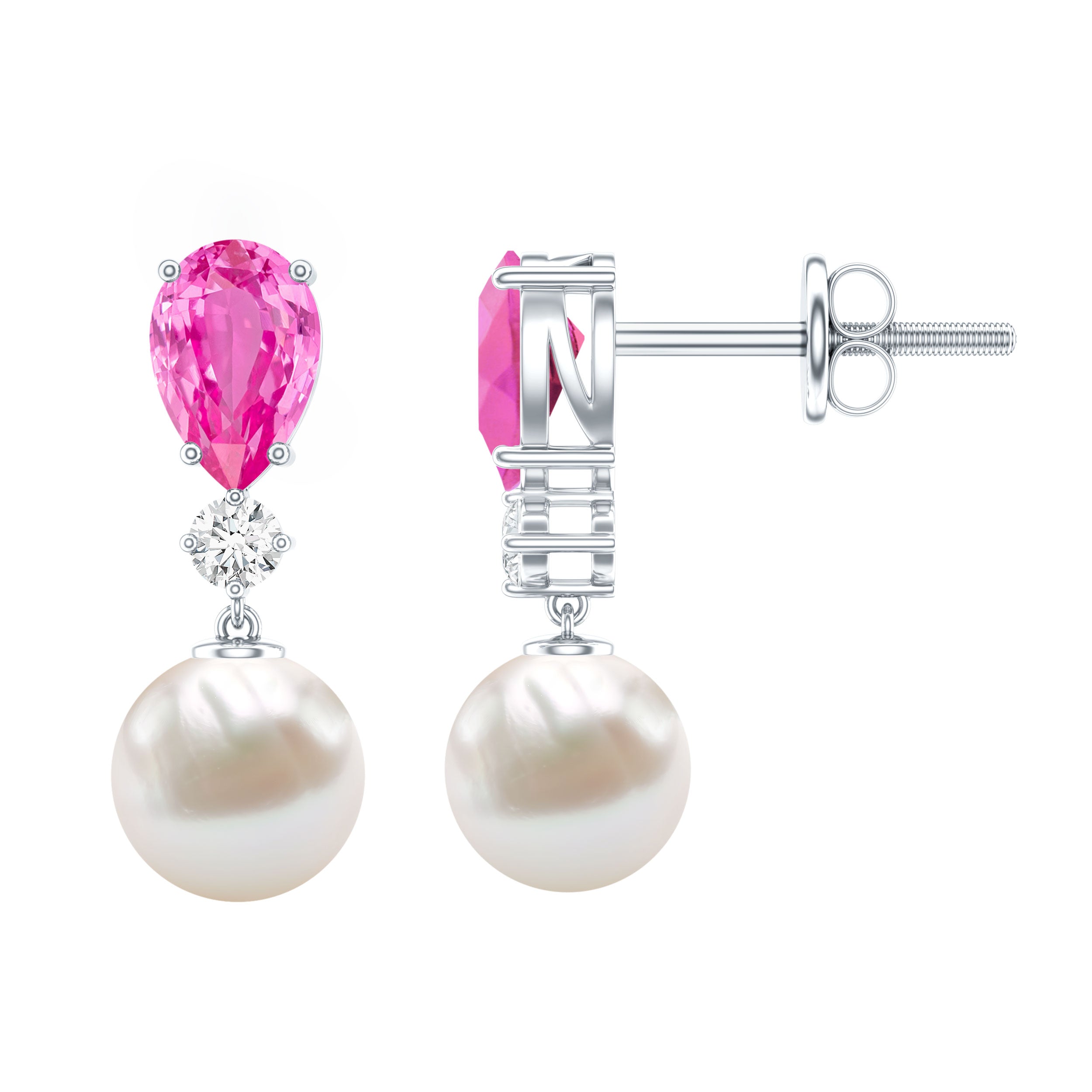 Freshwater Pearl Bridal Drop Earrings with Lab Pink Sapphire